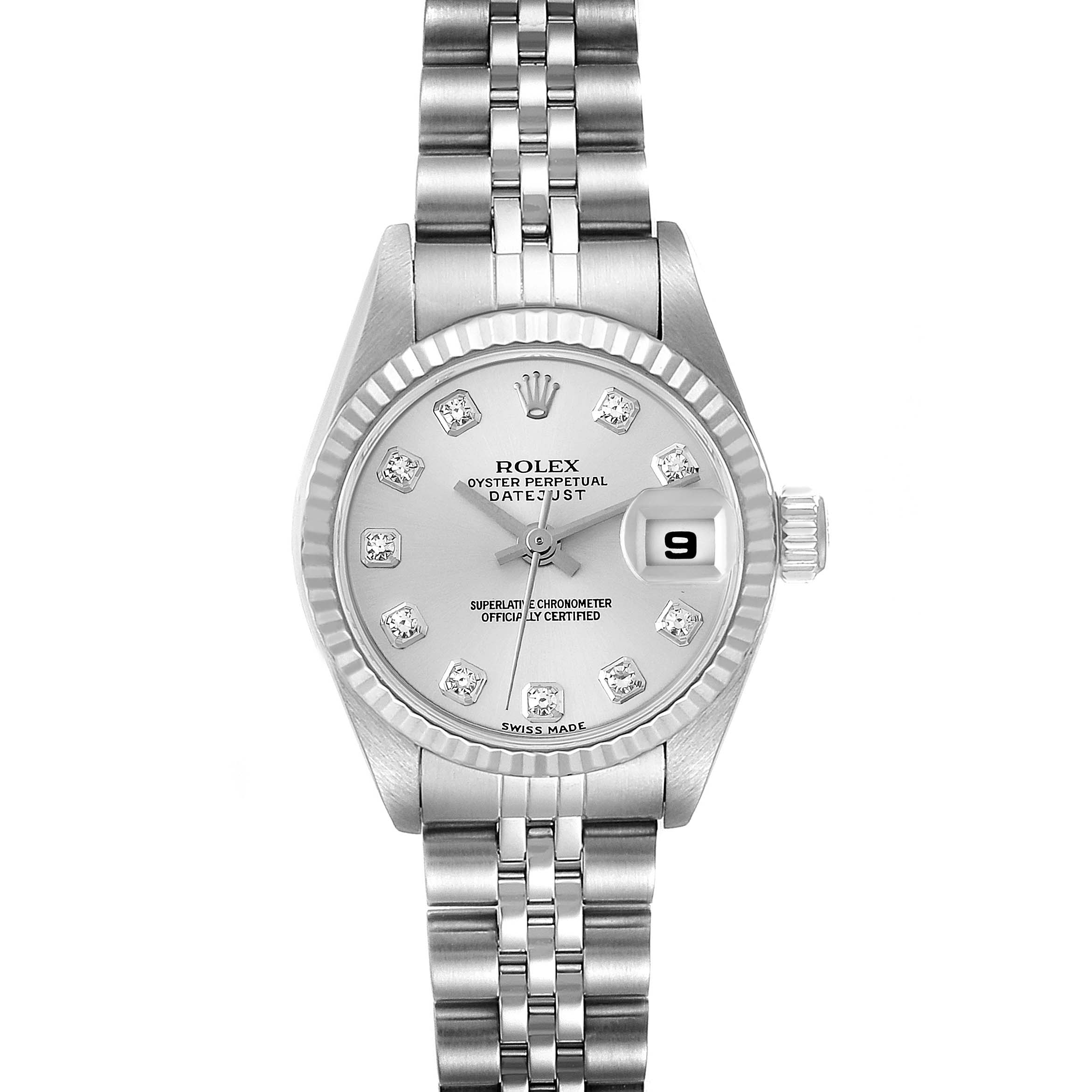 This image shows a frontal view of a Rolex Datejust 79174 Women's Stainless Steel Silver Dial 79174 Women's Stainless Steel Silver Dial watch, highlighting the dial, bracelet, and date feature.