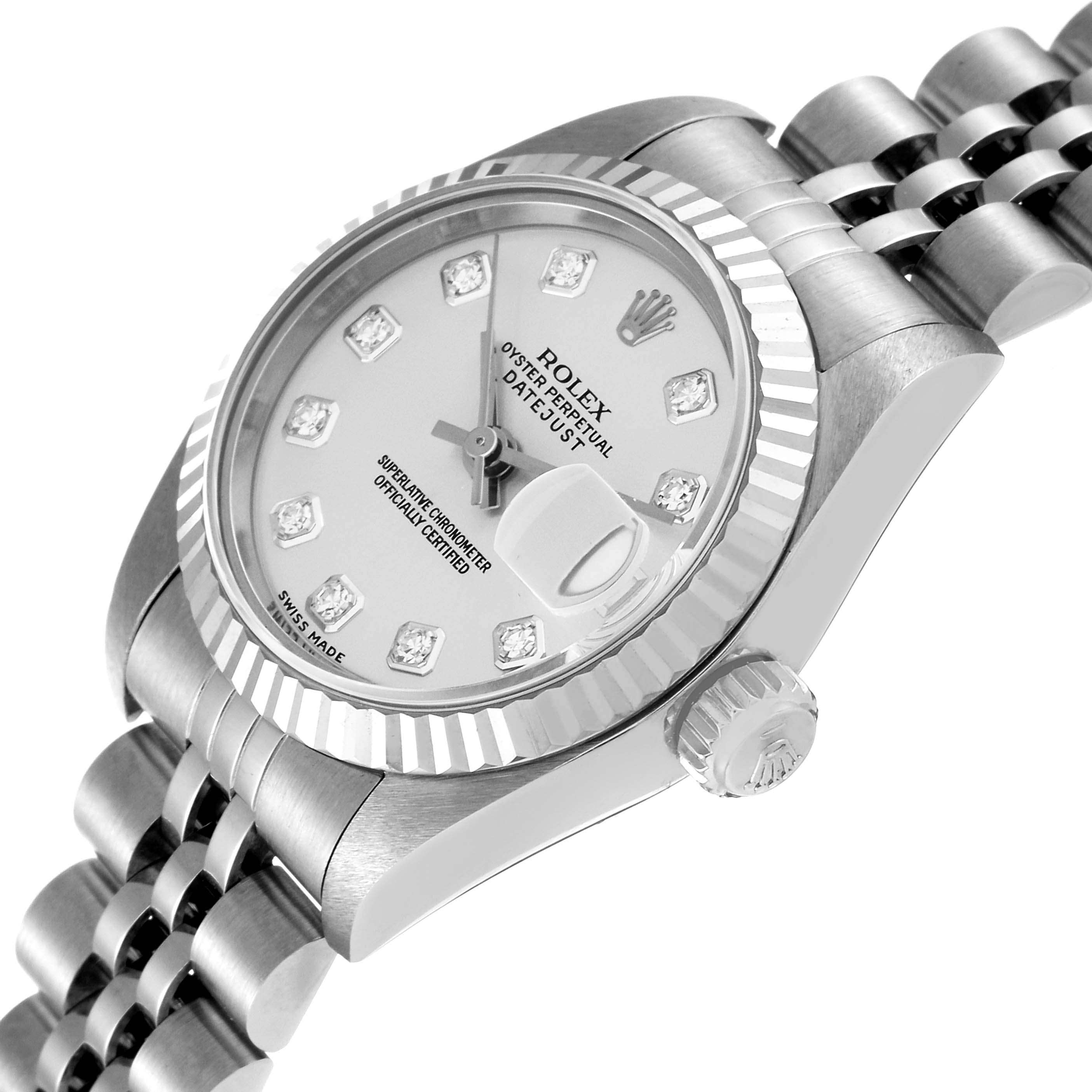 The image shows a Rolex Datejust 79174 Women's Stainless Steel Silver Dial 79174 Women's Stainless Steel Silver Dial watch at an angled close-up, highlighting the dial, case, and part of the bracelet.