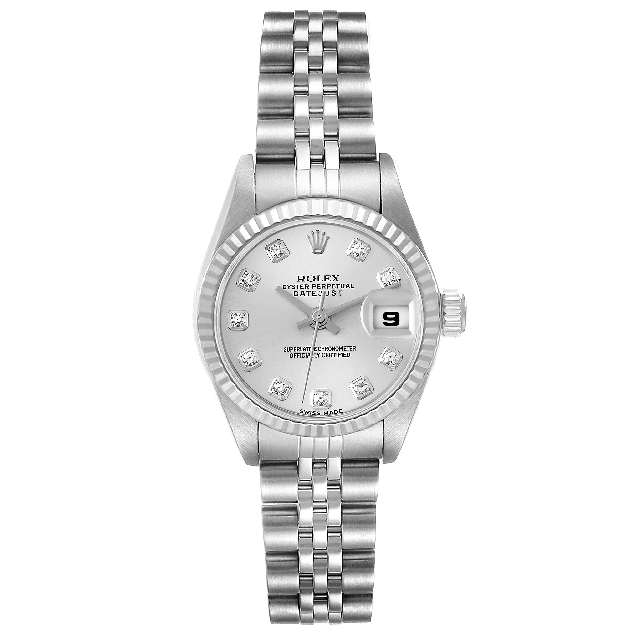 The image shows a front view of a Rolex Datejust 79174 Women's Stainless Steel Silver Dial 79174 Women's Stainless Steel Silver Dial watch, highlighting its dial, bezel, bracelet, and date window.