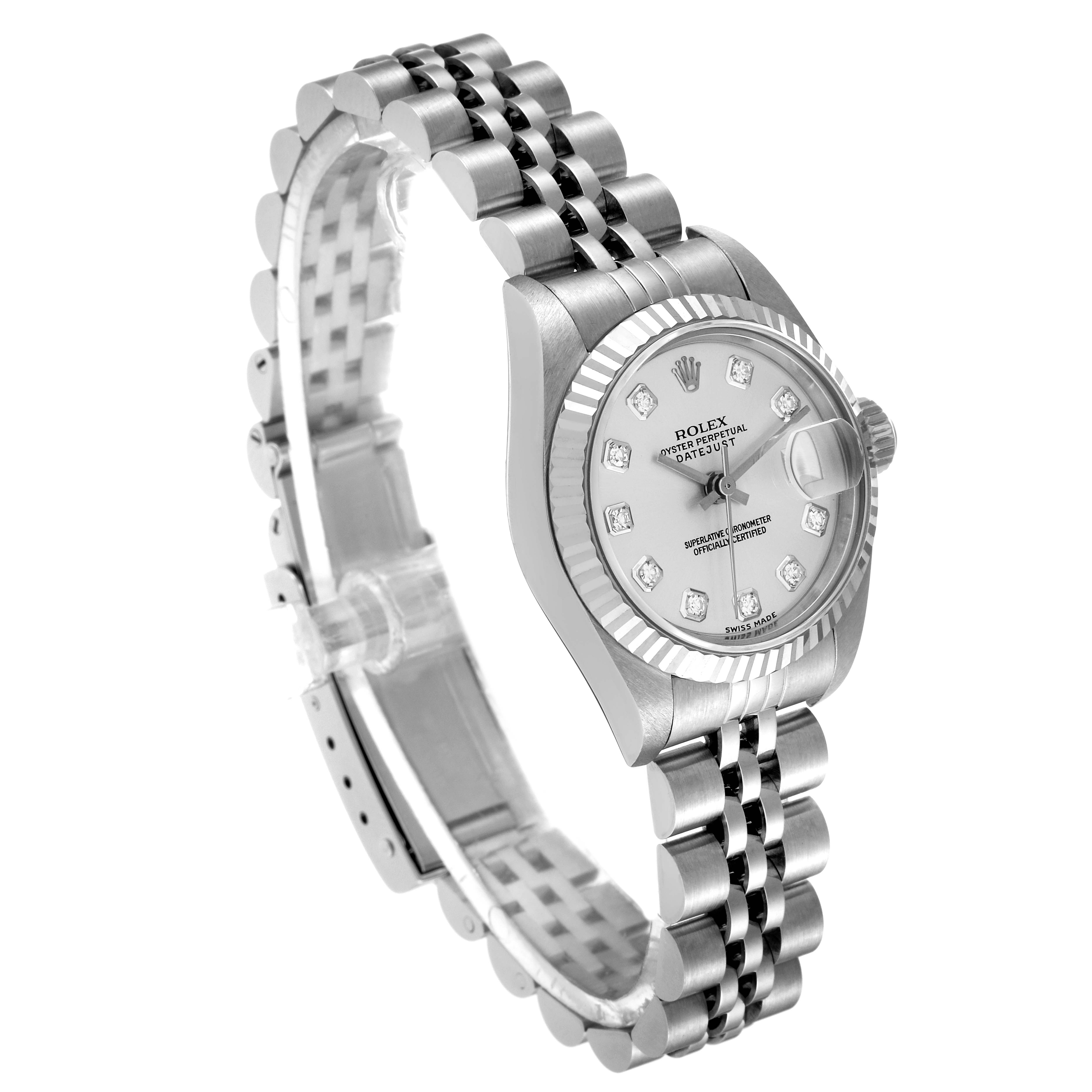 This image shows the Rolex Datejust 79174 Women's Stainless Steel Silver Dial 79174 Women's Stainless Steel Silver Dial watch at a three-quarters angle, displaying its face, bezel, and bracelet.