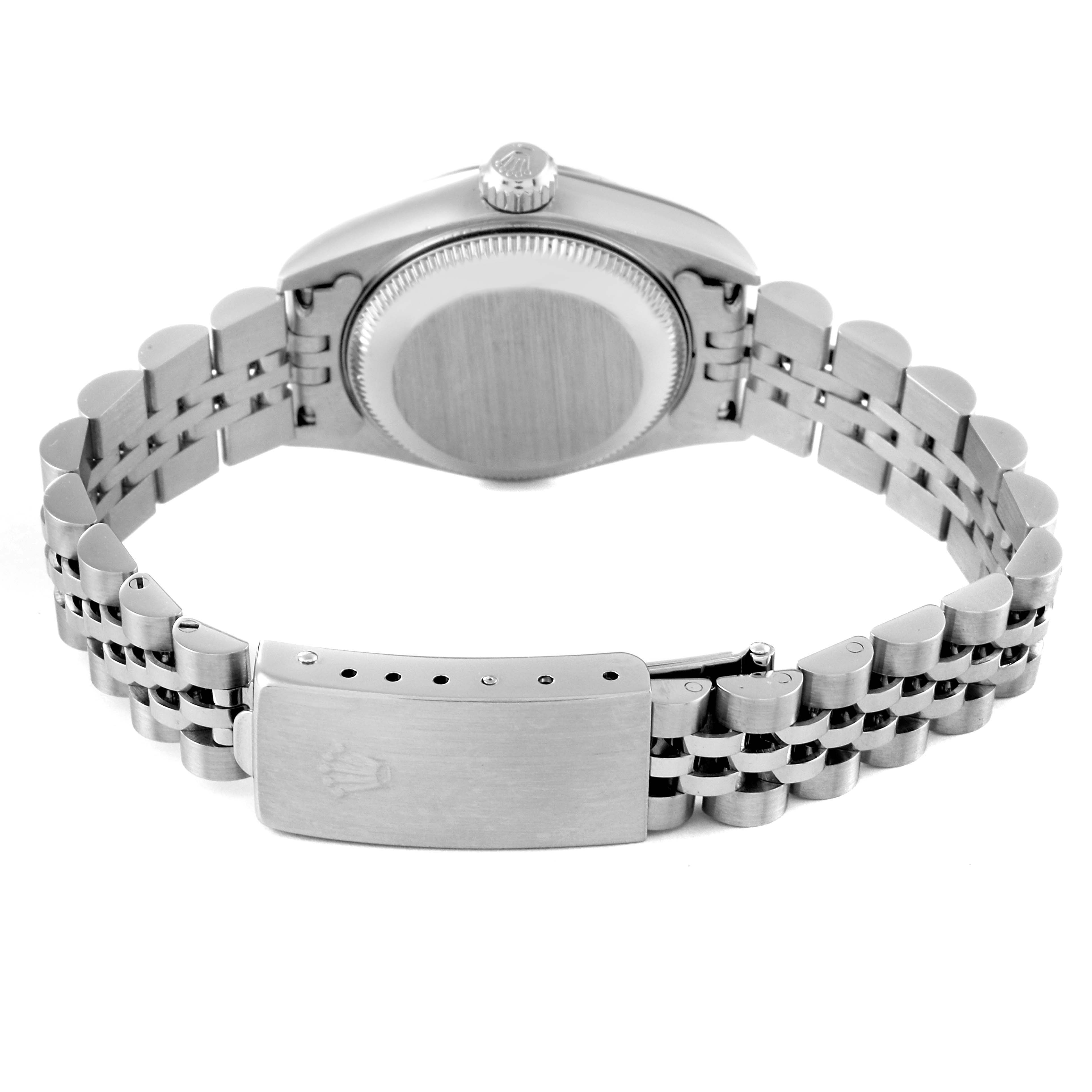 This image shows the back view of the Rolex Datejust 79174 Women's Stainless Steel Silver Dial 79174 Women's Stainless Steel Silver Dial watch, including the case back, crown, and bracelet clasp.