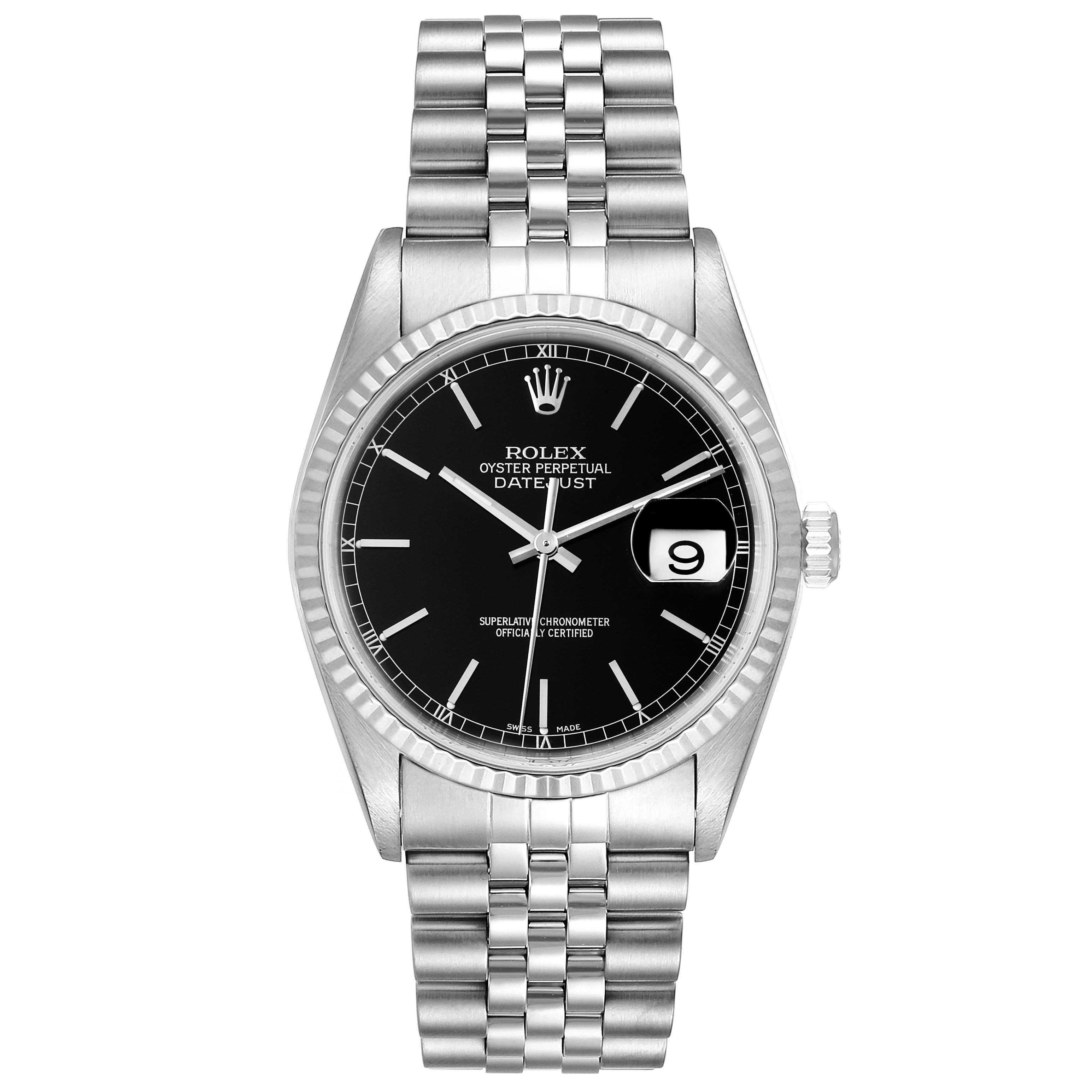 This image shows a front view of the Rolex Datejust 16234 Men's Stainless Steel Black Dial 16234 Men's Stainless Steel Black Dial watch displaying its black dial, bezel, crown, and Jubilee bracelet.