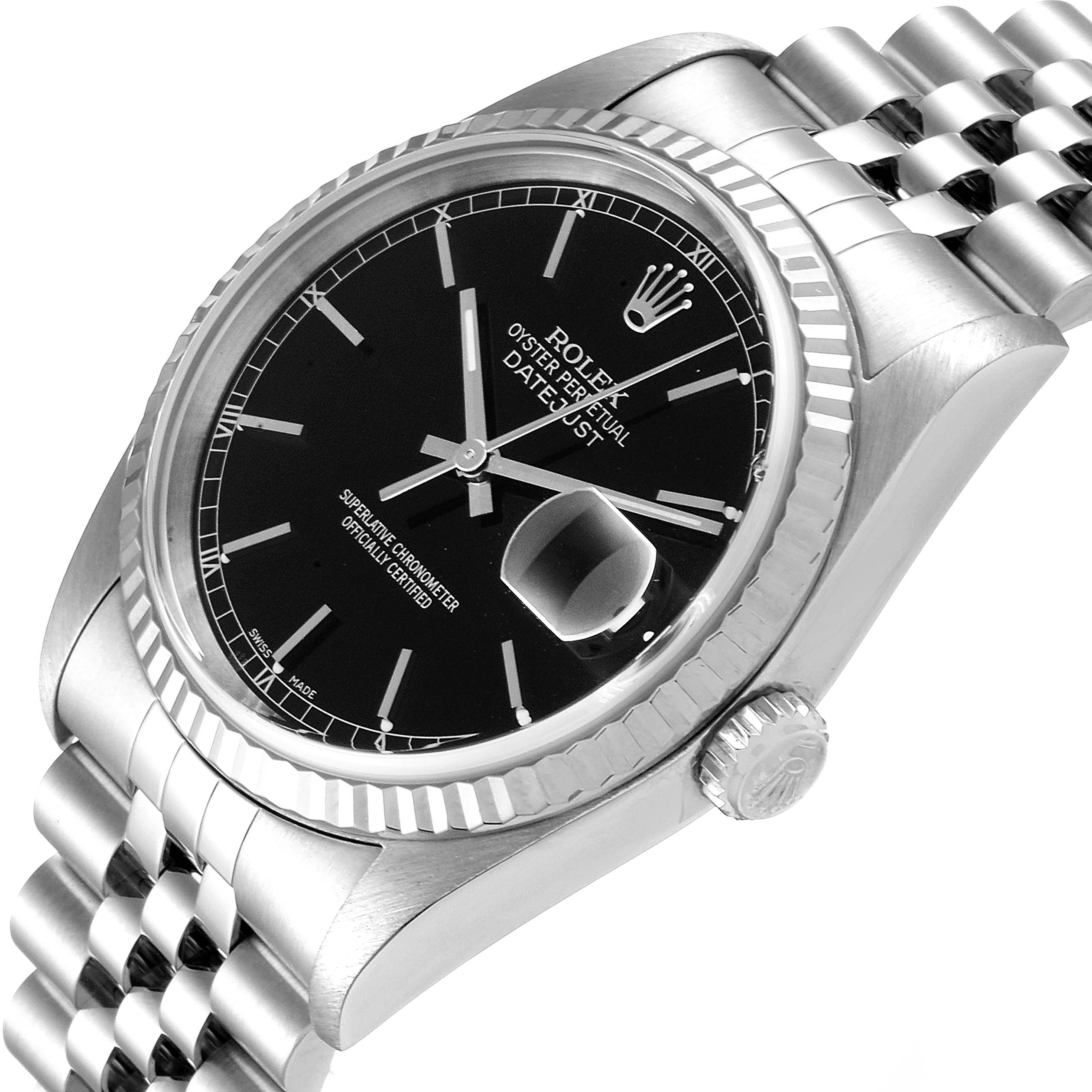 This image shows a close-up, angled view of a Rolex Datejust 16234 Men's Stainless Steel Black Dial 16234 Men's Stainless Steel Black Dial watch displaying the black dial, crown, bezel, and a portion of the bracelet.
