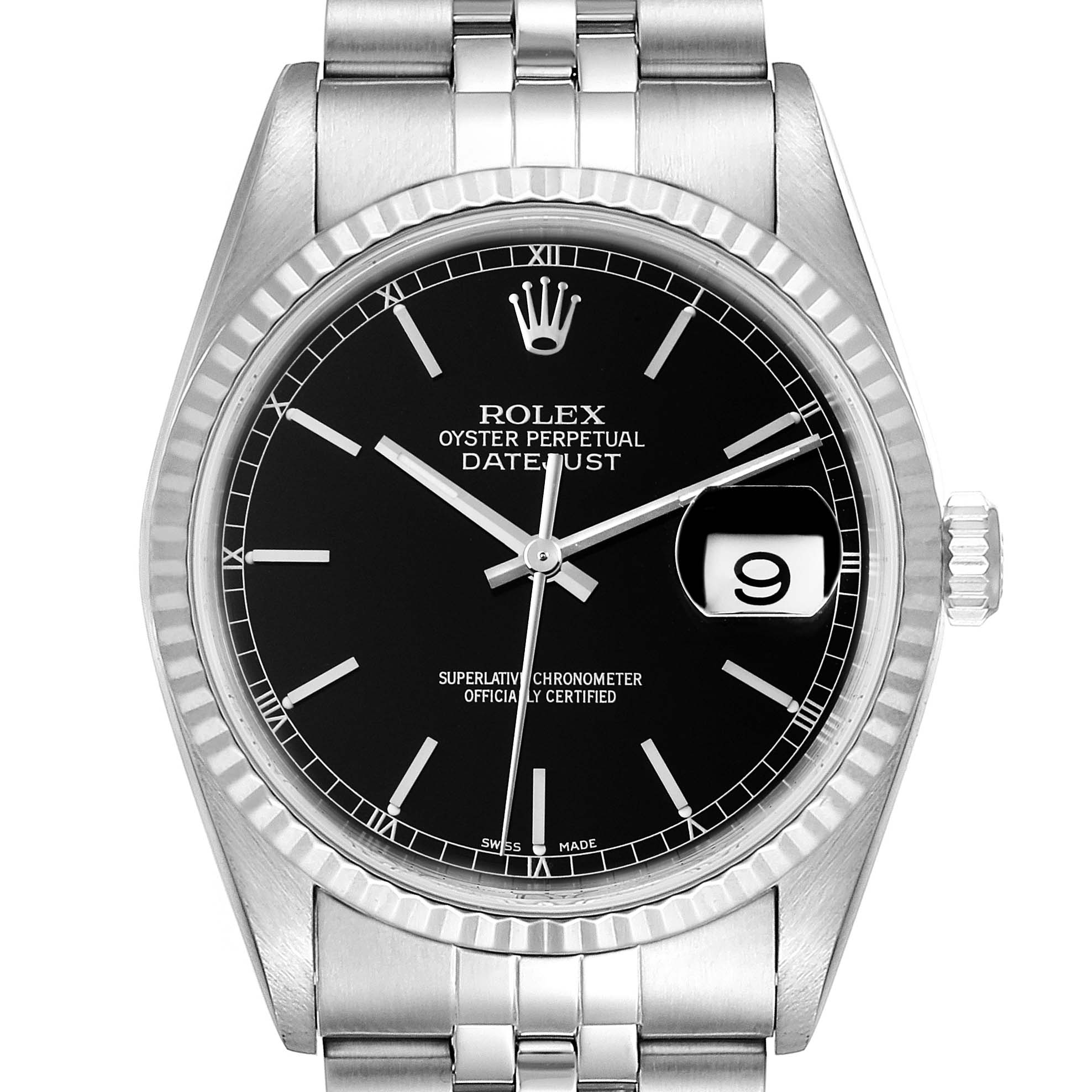 Front view of a Rolex Datejust 16234 Men's Stainless Steel Black Dial 16234 Men's Stainless Steel Black Dial watch showing the face, hour markers, hands, date window, bezel, and band.