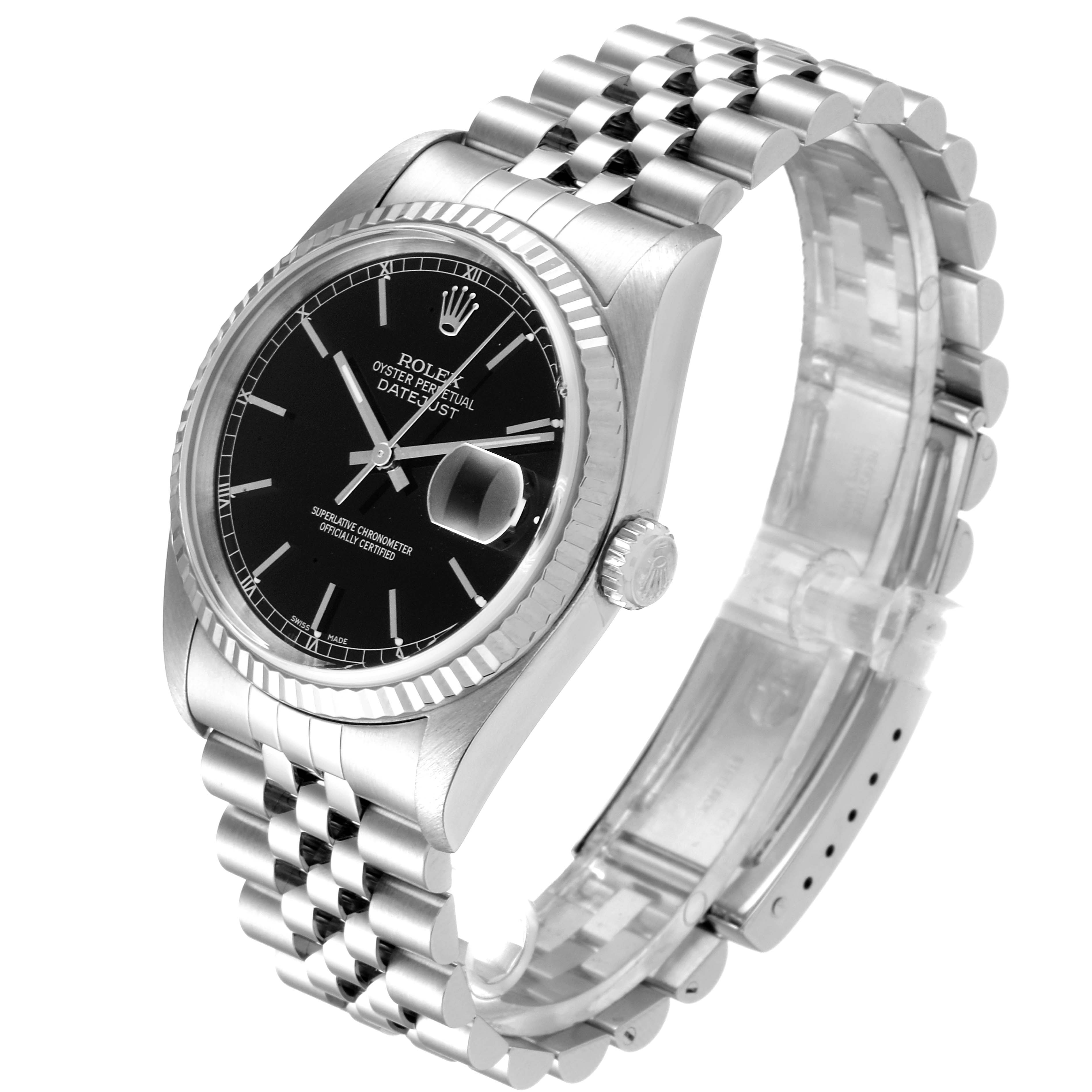 This image shows a side angle of the Rolex Datejust 16234 Men's Stainless Steel Black Dial 16234 Men's Stainless Steel Black Dial watch, highlighting the bracelet, bezel, crown, and face.