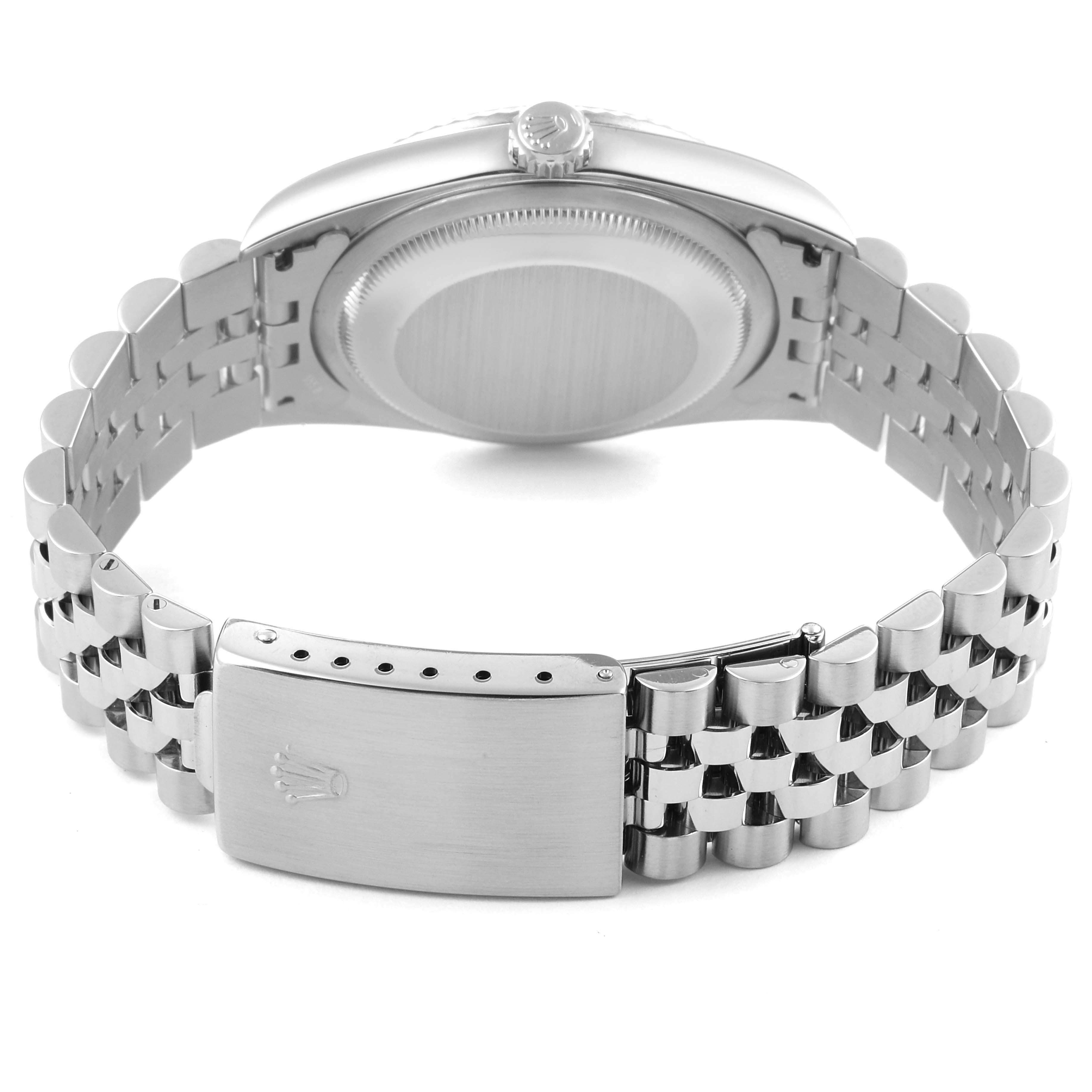 This image shows the back and clasp of a Rolex Datejust 16234 Men's Stainless Steel Black Dial 16234 Men's Stainless Steel Black Dial watch, highlighting the case back and bracelet.