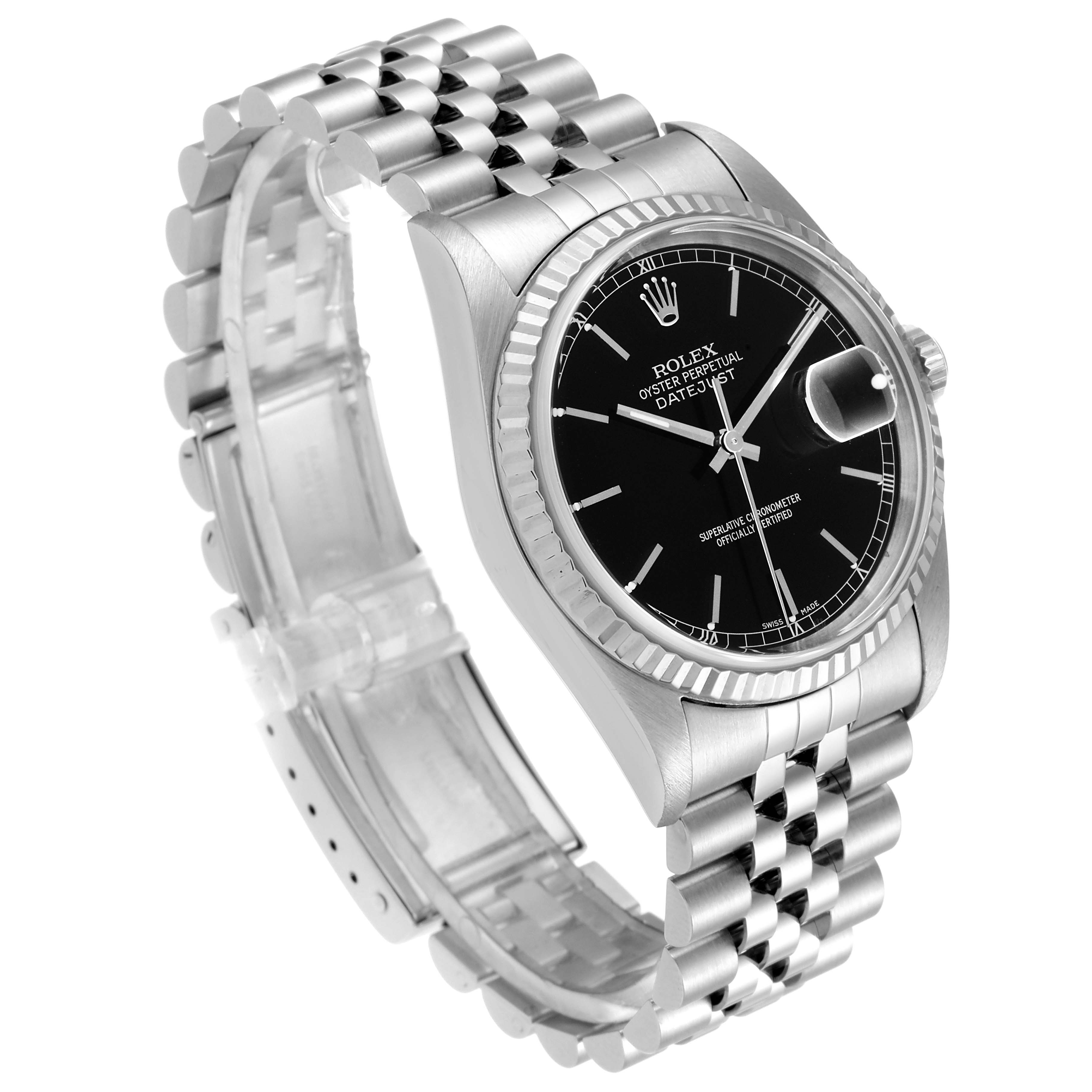 The image shows the Rolex Datejust 16234 Men's Stainless Steel Black Dial 16234 Men's Stainless Steel Black Dial watch at an oblique angle, displaying the black dial, fluted bezel, and Jubilee bracelet.