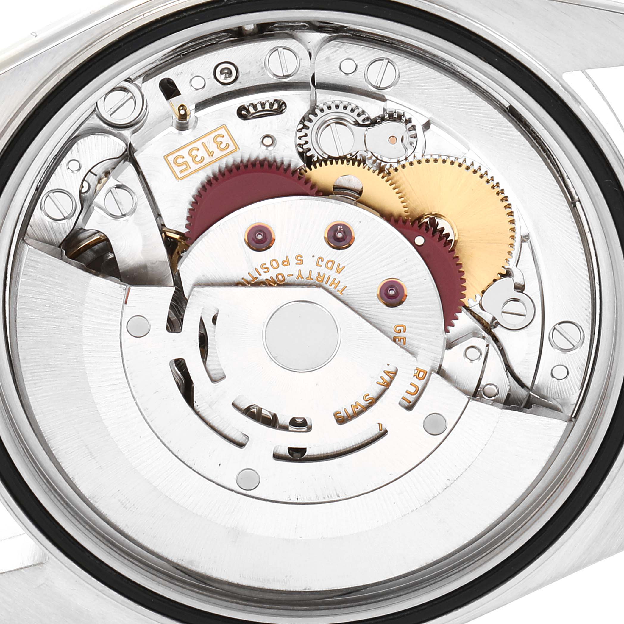 This image shows the intricate movement of a Rolex Datejust 16234 Men's Stainless Steel Black Dial 16234 Men's Stainless Steel Black Dial watch model from a rear view angle.