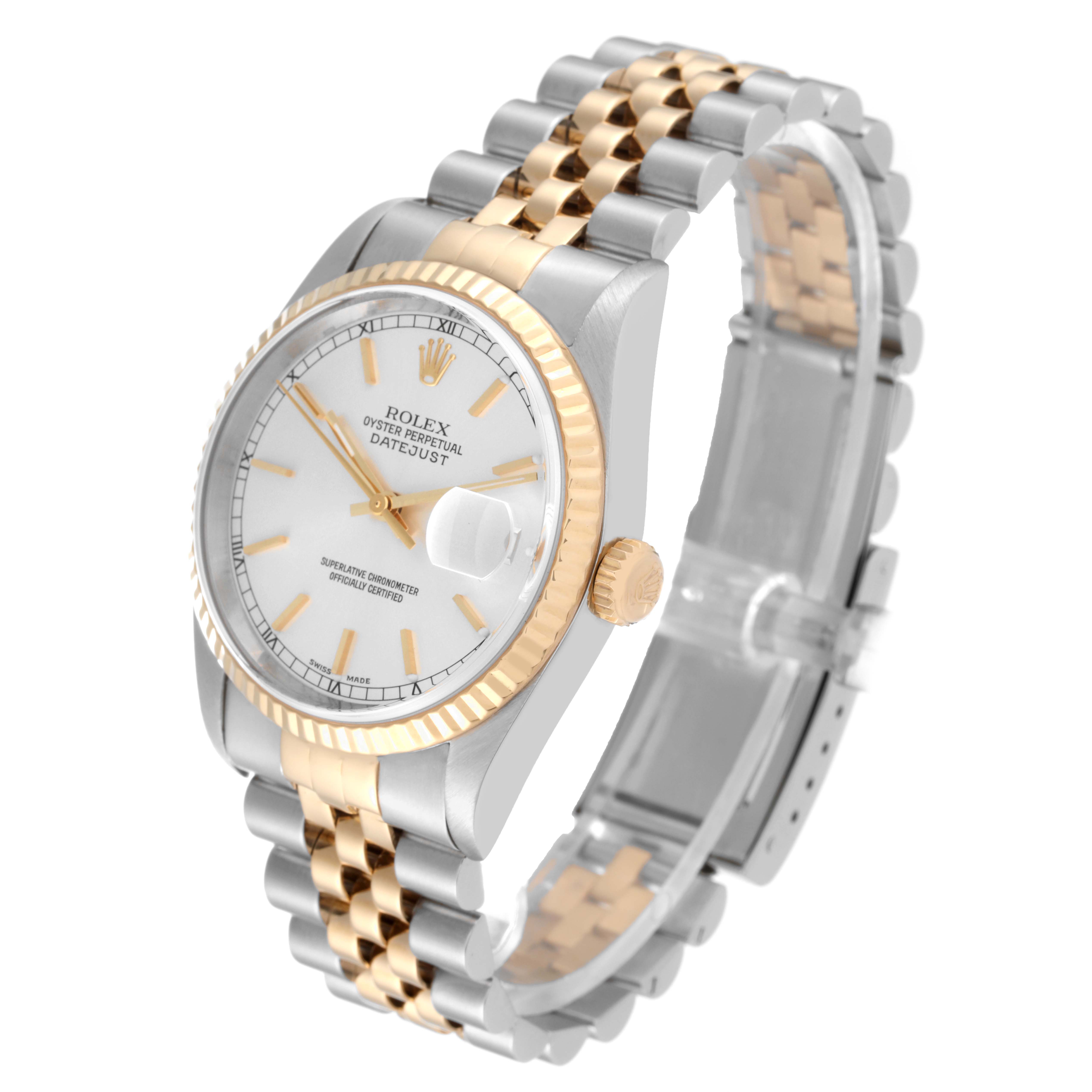 The image shows a Rolex Datejust 16233 Men's Steel and Gold (two tone) Silver Dial 16233 Men's Steel and Gold (two tone) Silver Dial watch from an angle highlighting its face, crown, and two-tone bracelet.