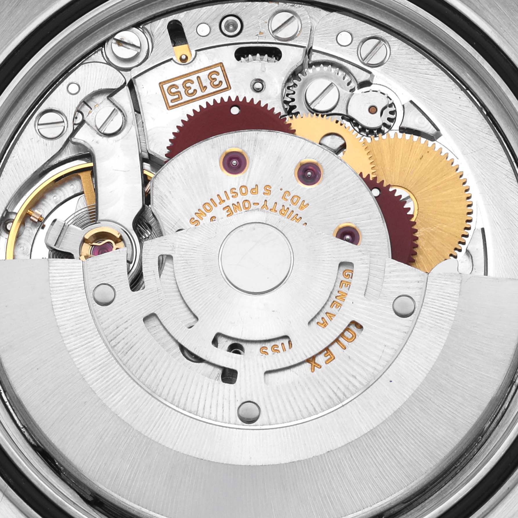 The image shows the movement and inner mechanics of a Rolex Datejust 16233 Men's Steel and Gold (two tone) Silver Dial 16233 Men's Steel and Gold (two tone) Silver Dial watch from a close-up angle.