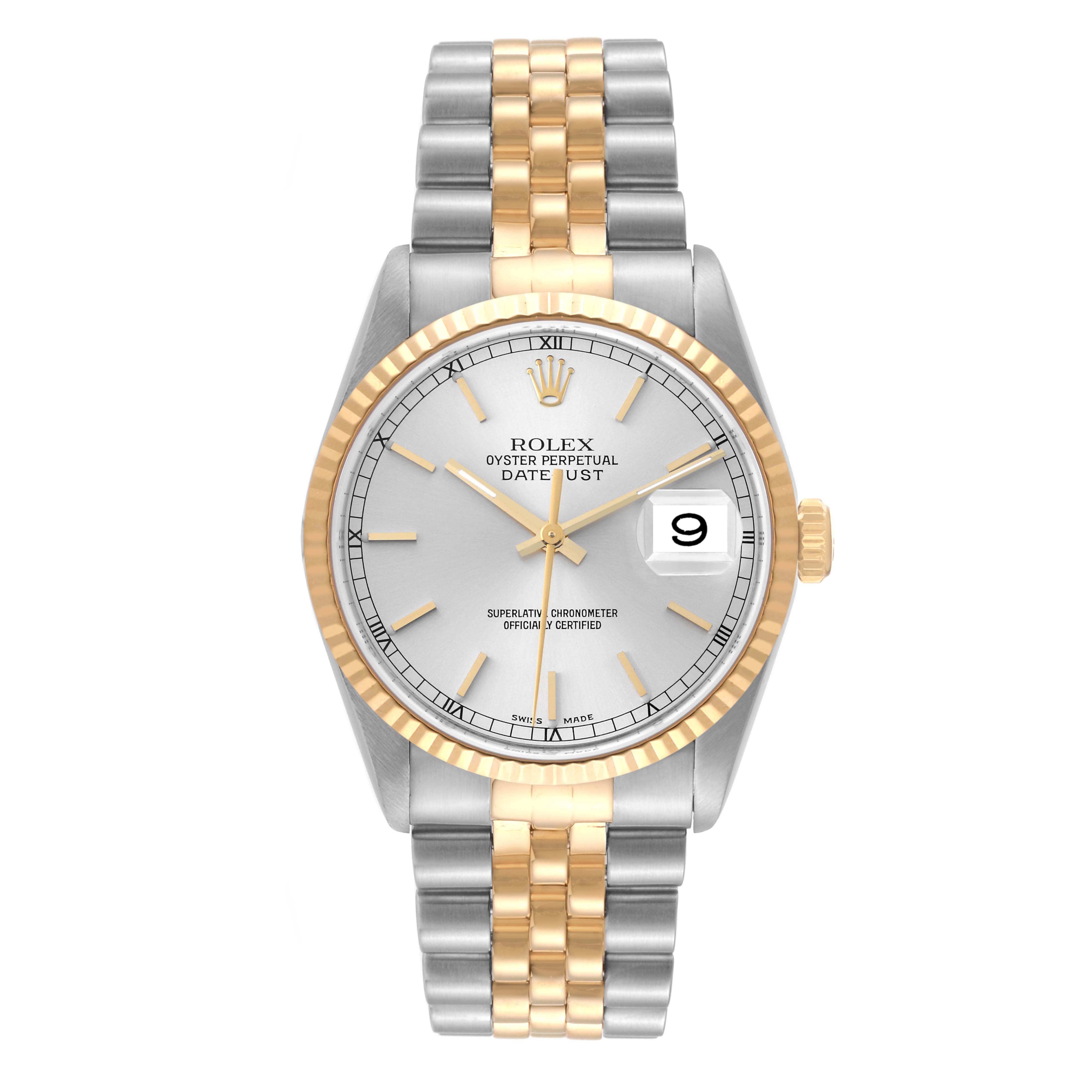 This image shows a Rolex Datejust 16233 Men's Steel and Gold (two tone) Silver Dial 16233 Men's Steel and Gold (two tone) Silver Dial watch from the front, highlighting its two-tone bracelet, bezel, and date window.