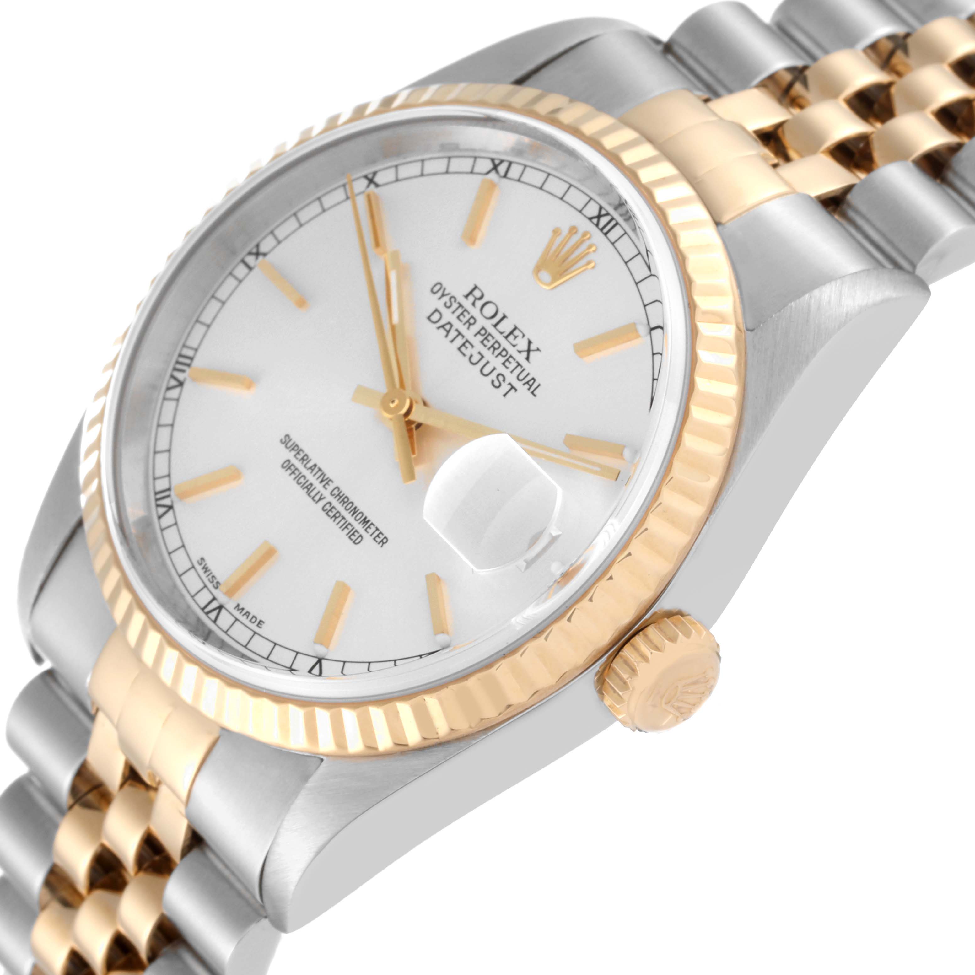 This image shows a side and partial top view of a Rolex Datejust 16233 Men's Steel and Gold (two tone) Silver Dial 16233 Men's Steel and Gold (two tone) Silver Dial watch, highlighting the crown, bezel, dial, and bracelet.