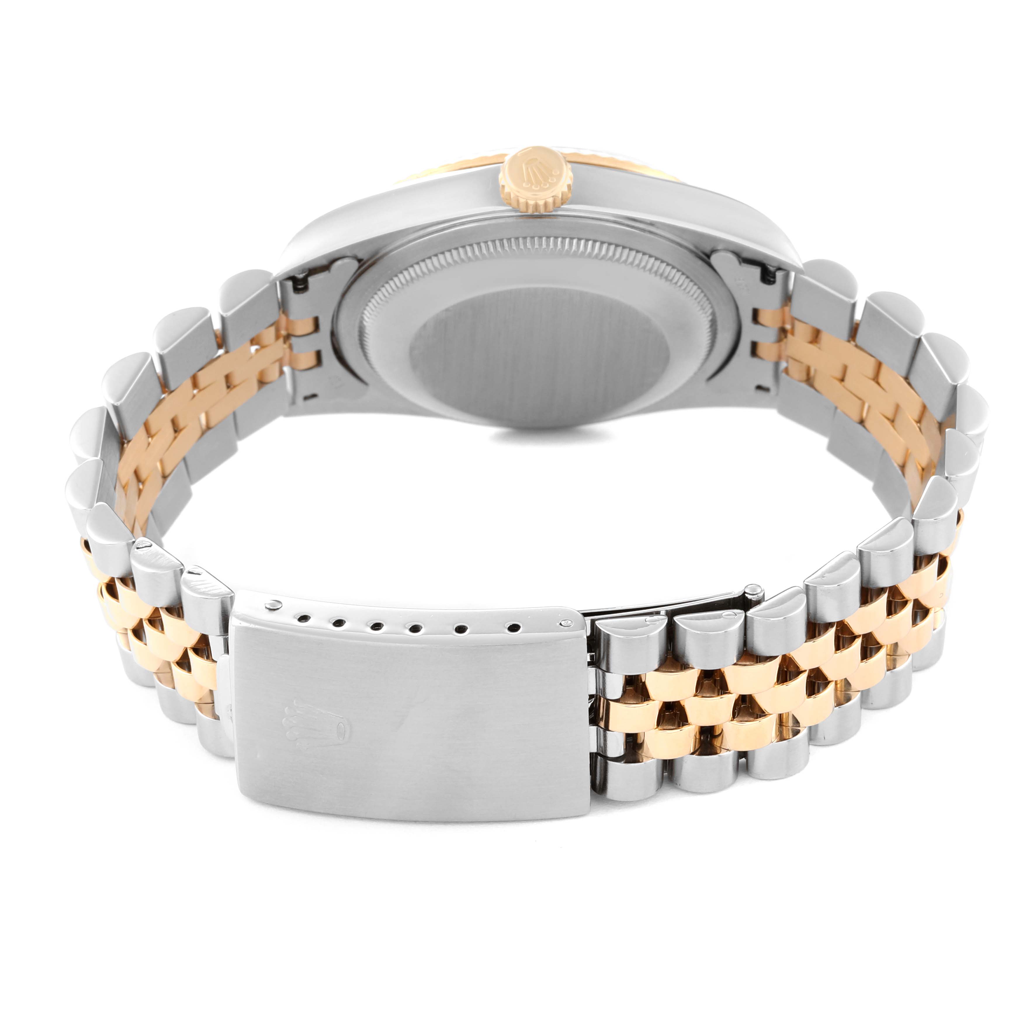 The image shows the back and bracelet clasp of a Rolex Datejust 16233 Men's Steel and Gold (two tone) Silver Dial 16233 Men's Steel and Gold (two tone) Silver Dial watch, highlighting the two-tone Jubilee bracelet.