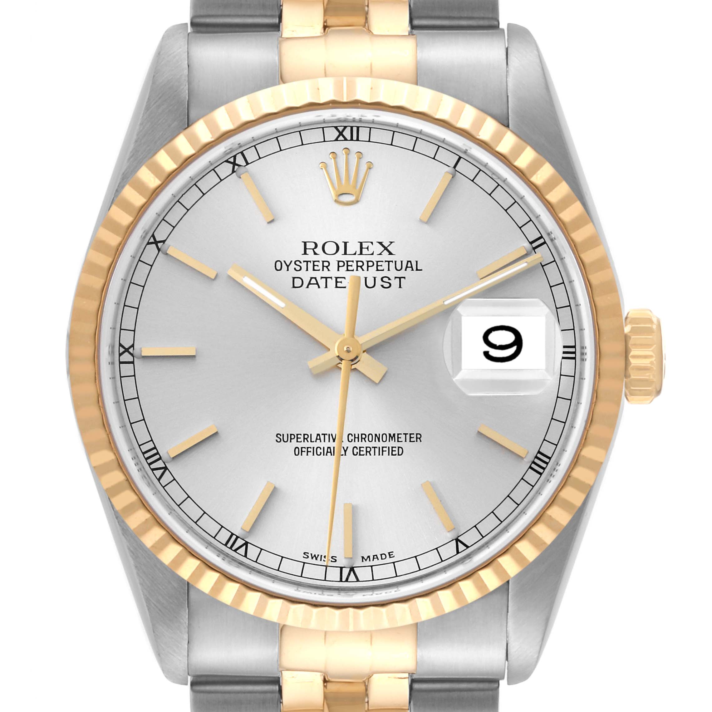 This Rolex Datejust 16233 Men's Steel and Gold (two tone) Silver Dial 16233 Men's Steel and Gold (two tone) Silver Dial watch is displayed from a front angle, showing its gold and silver bezel, dial, and partial bracelet.