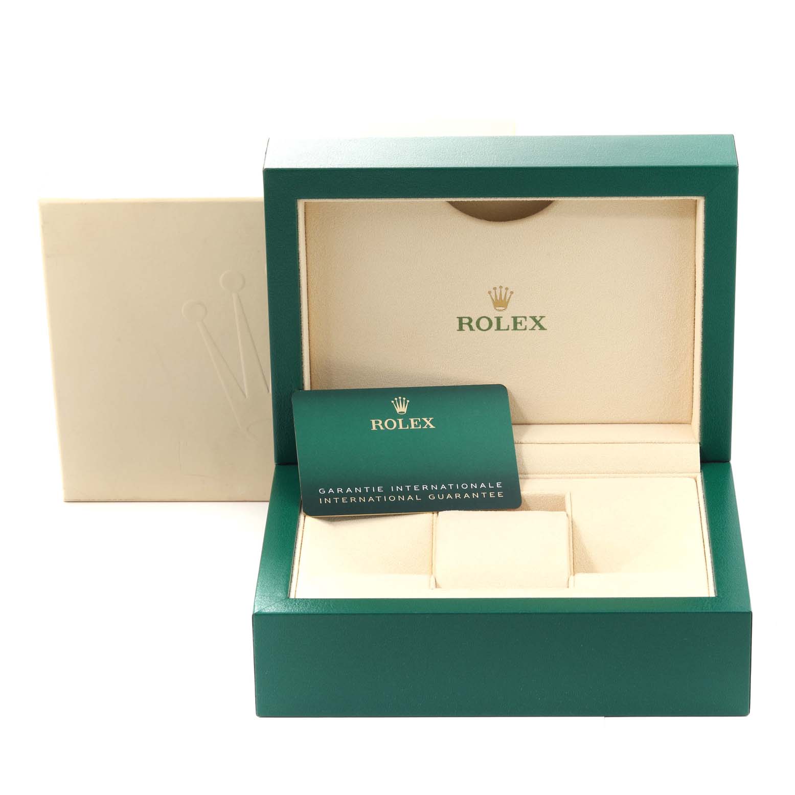 The image shows the packaging and international guarantee card for the Rolex Datejust 41 126303 Men's Steel and Gold (two tone) Black Dial 126303 Men's Steel and Gold (two tone) Black Dial model, presented from a frontal angle.