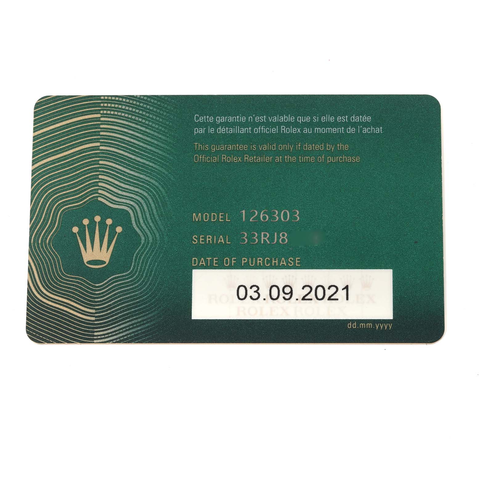 This image shows the warranty card for the Rolex Datejust 41 126303 Men's Steel and Gold (two tone) Black Dial 126303 Men's Steel and Gold (two tone) Black Dial model 126303.