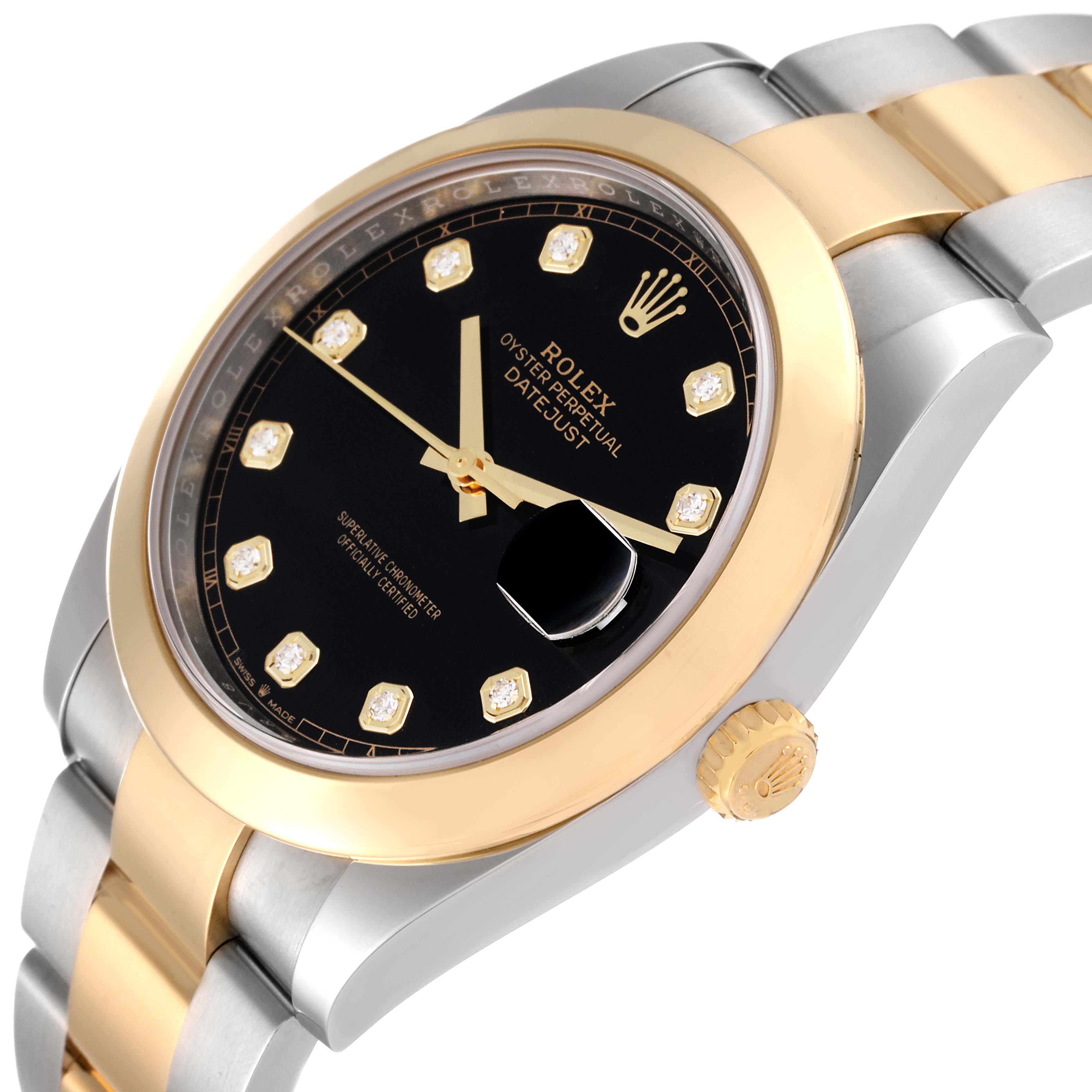 The image shows a close-up angle of the Rolex Datejust 41 126303 Men's Steel and Gold (two tone) Black Dial 126303 Men's Steel and Gold (two tone) Black Dial, highlighting the dial, bezel, crown, and part of the bracelet.