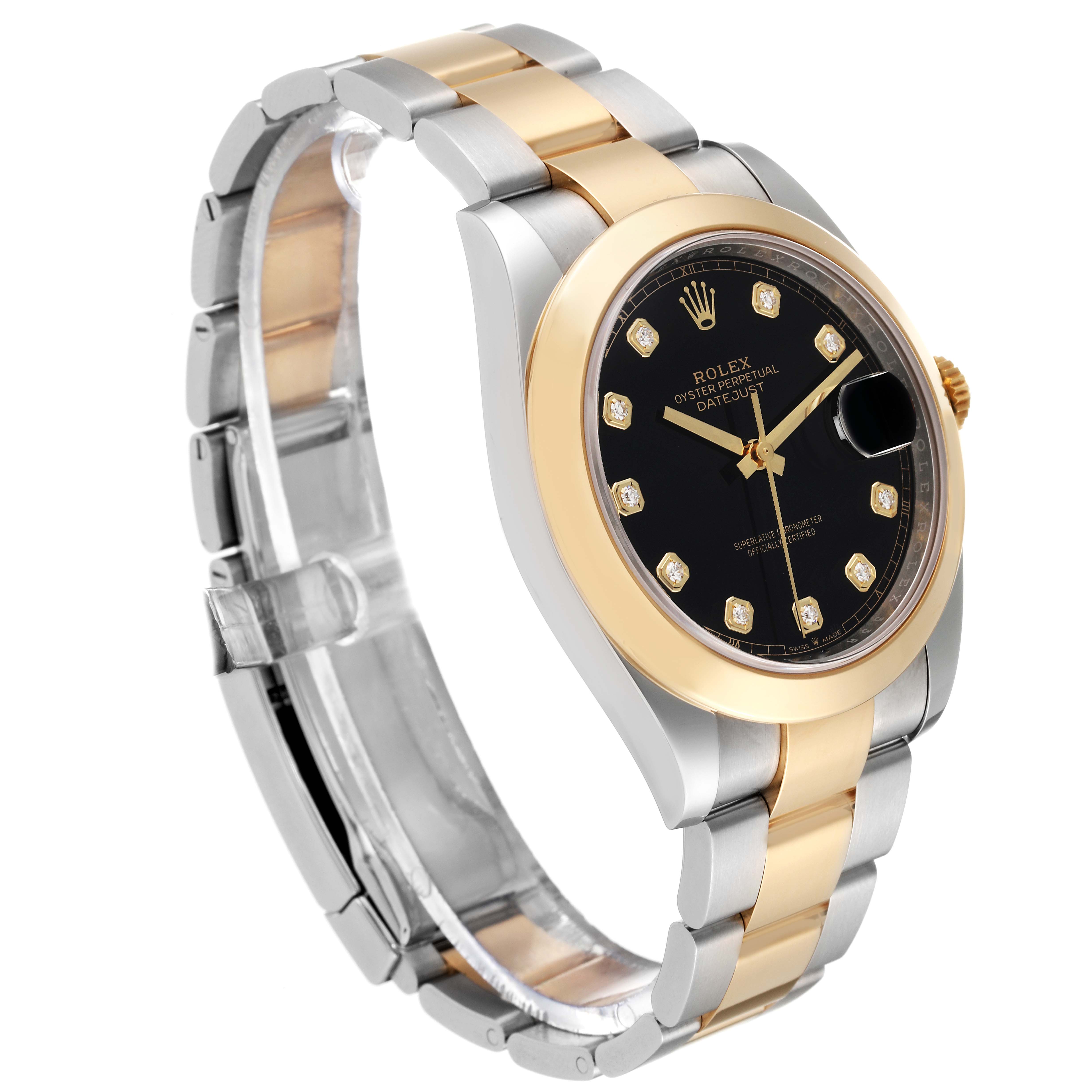 The image shows a Rolex Datejust 41 126303 Men's Steel and Gold (two tone) Black Dial 126303 Men's Steel and Gold (two tone) Black Dial watch at a slight side angle, highlighting its black dial, diamond hour markers, and two-tone metal bracelet.