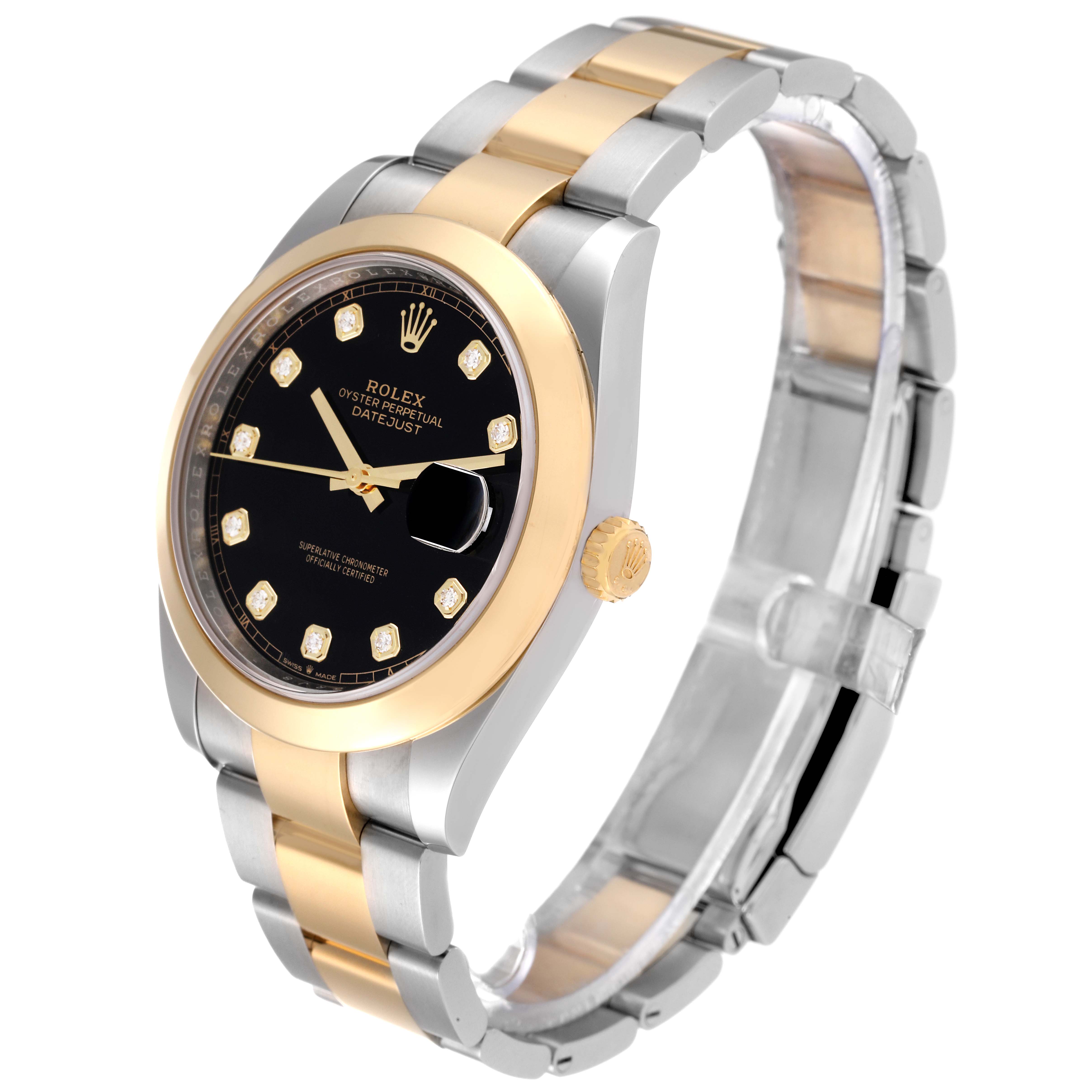 This image shows a Rolex Datejust 41 126303 Men's Steel and Gold (two tone) Black Dial 126303 Men's Steel and Gold (two tone) Black Dial watch at an angled side profile, focusing on its two-tone bracelet, black dial, and gold bezel.