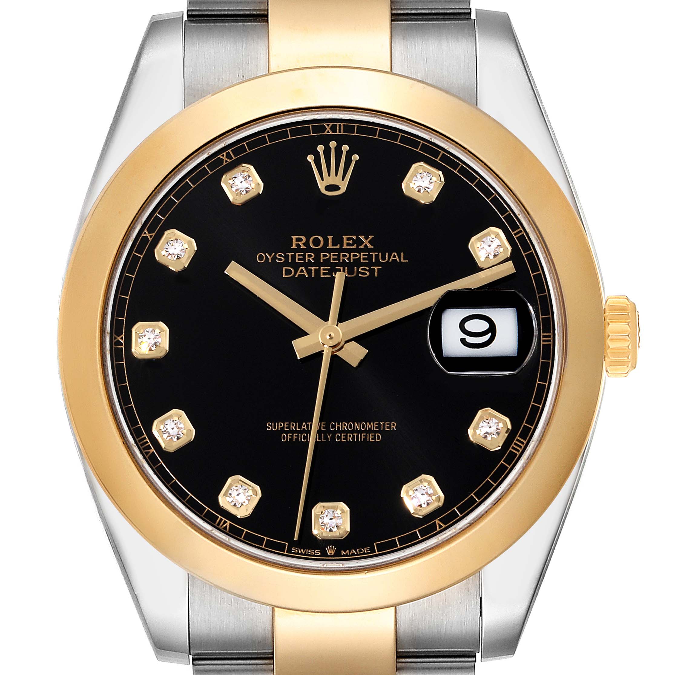 This image shows a front view of the Rolex Datejust 41 126303 Men's Steel and Gold (two tone) Black Dial 126303 Men's Steel and Gold (two tone) Black Dial watch, highlighting its black dial, gold bezel, and diamond hour markers.