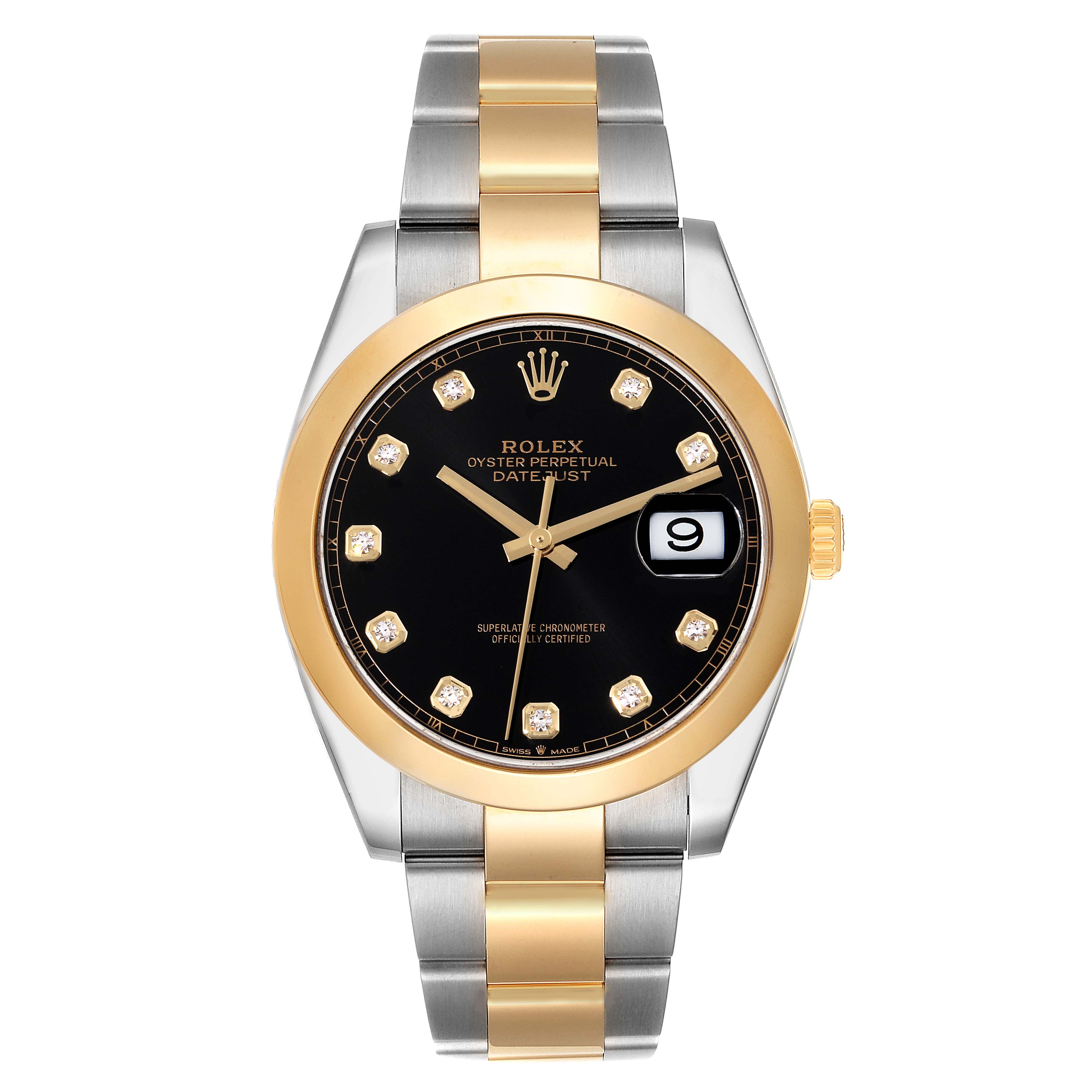 This image shows a front view of a Rolex Datejust 41 126303 Men's Steel and Gold (two tone) Black Dial 126303 Men's Steel and Gold (two tone) Black Dial watch, highlighting its two-tone bracelet, black dial, and date window.