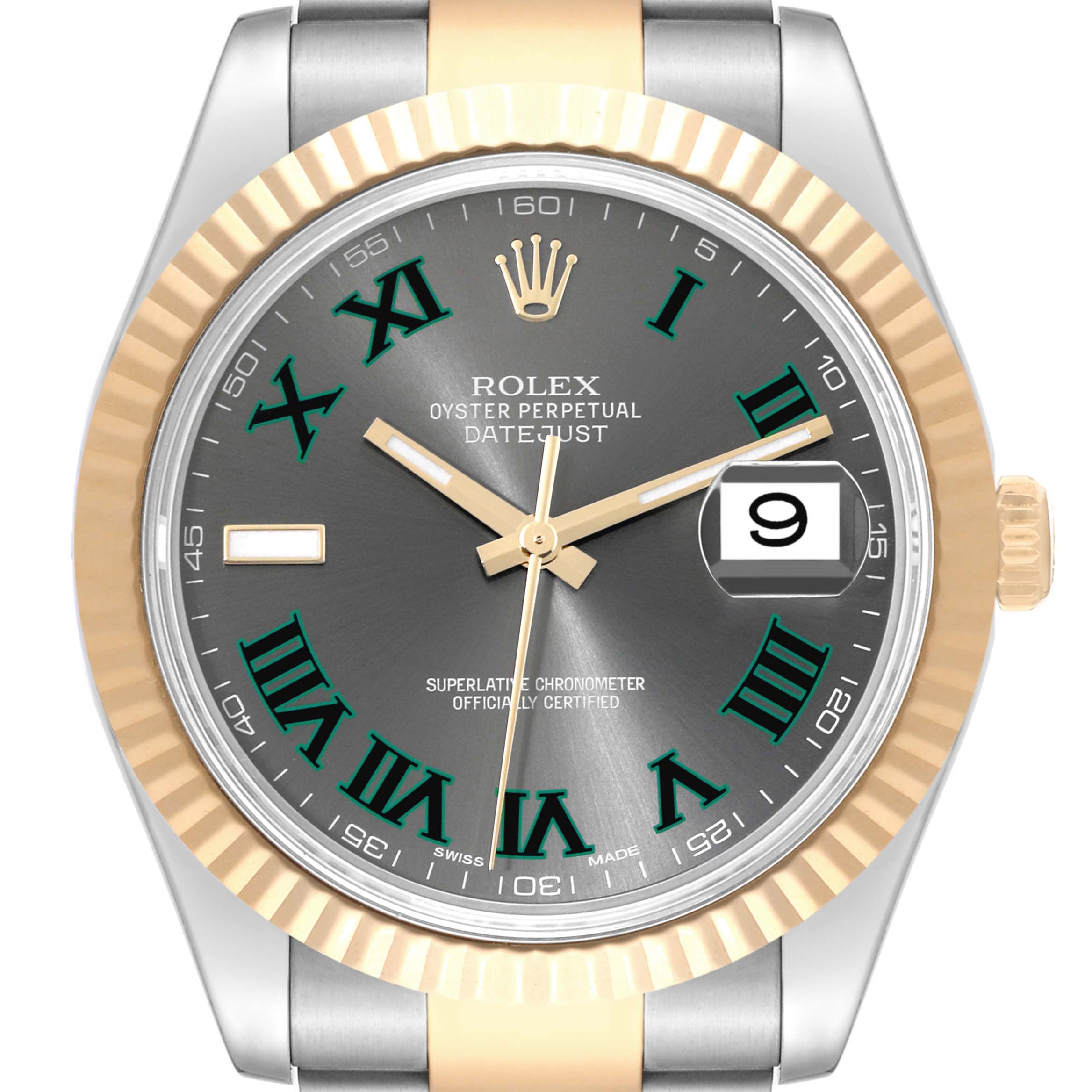 This Rolex Datejust 41 116333 Men's Steel and Gold (two tone) Grey Dial 116333 Men's Steel and Gold (two tone) Grey Dial model is shown from the front with a clear view of the dial, bezel, and part of the bracelet.