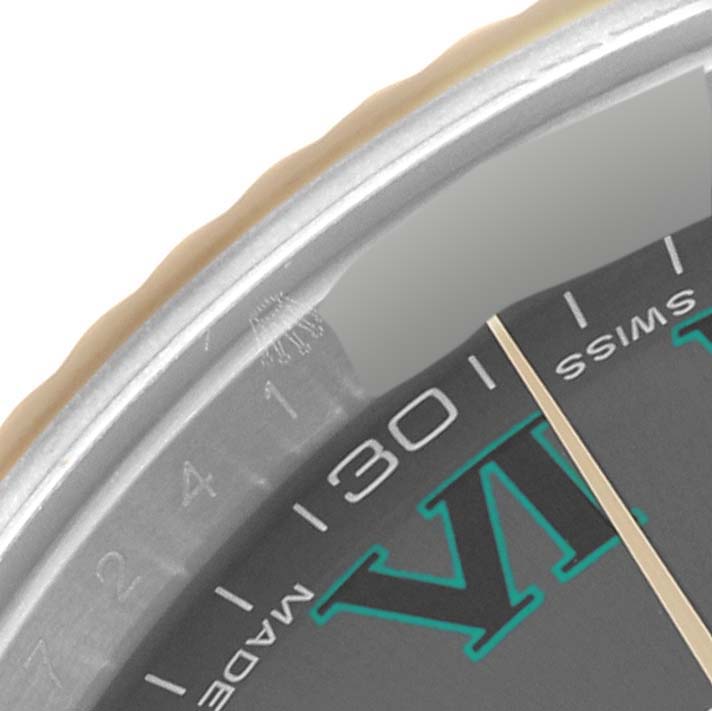 This close-up shows the dial and partially the bezel of the Rolex Datejust 41 116333 Men's Steel and Gold (two tone) Grey Dial 116333 Men's Steel and Gold (two tone) Grey Dial watch.