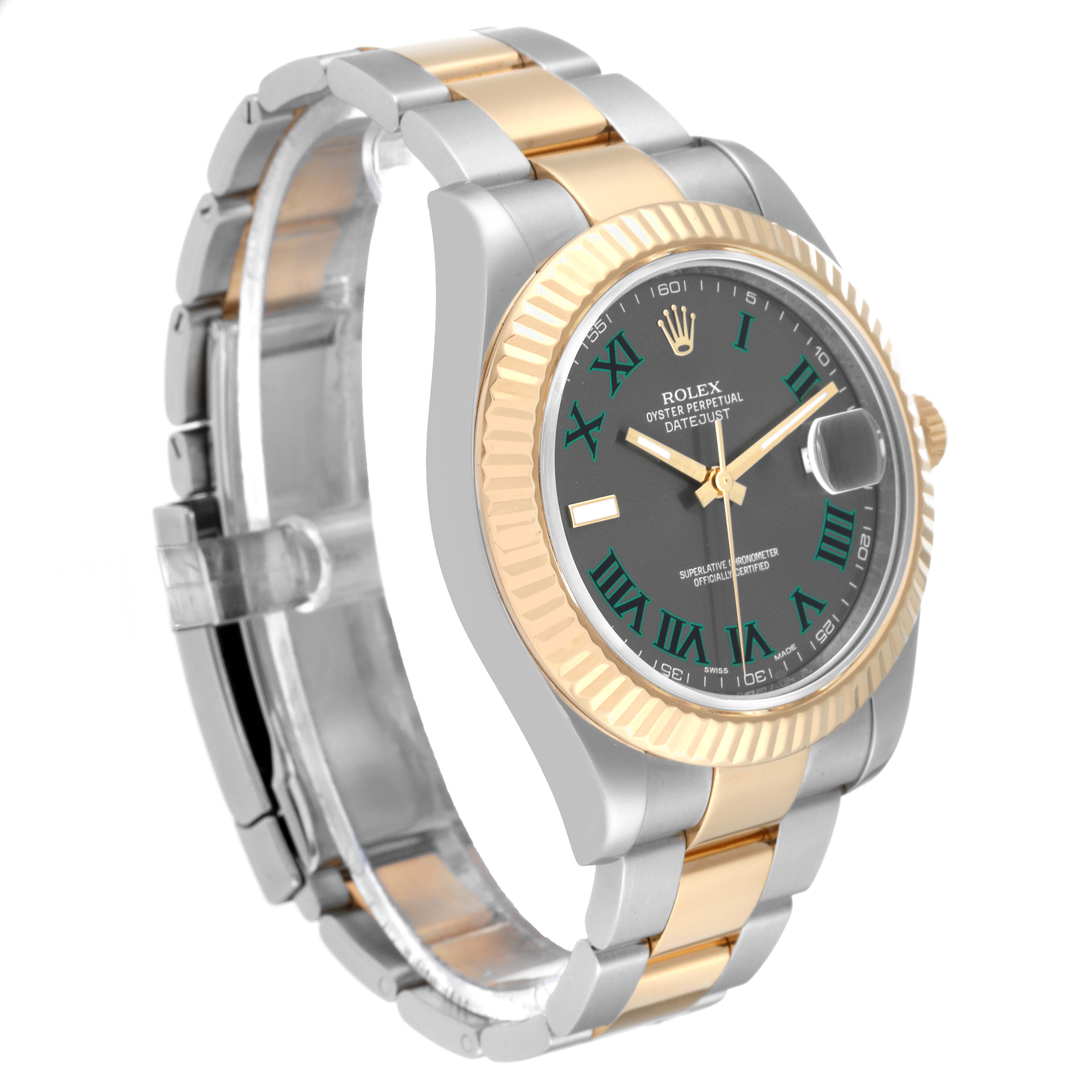 The image shows a Datejust 41 by Rolex at a three-quarter angle, highlighting the two-tone bracelet, fluted bezel, and dial.