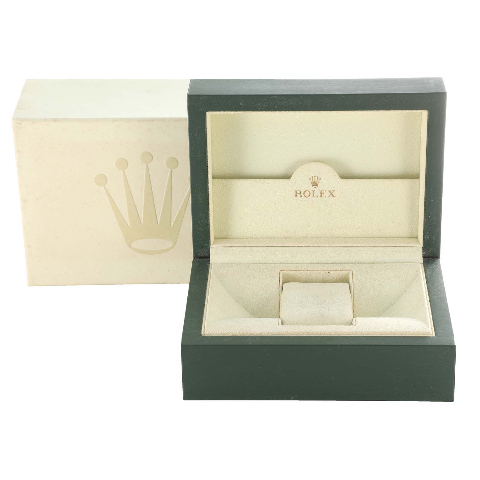 This image shows an empty Rolex Datejust 41 116333 Men's Steel and Gold (two tone) Grey Dial 116333 Men's Steel and Gold (two tone) Grey Dial watch box with its lid open and protective outer box.