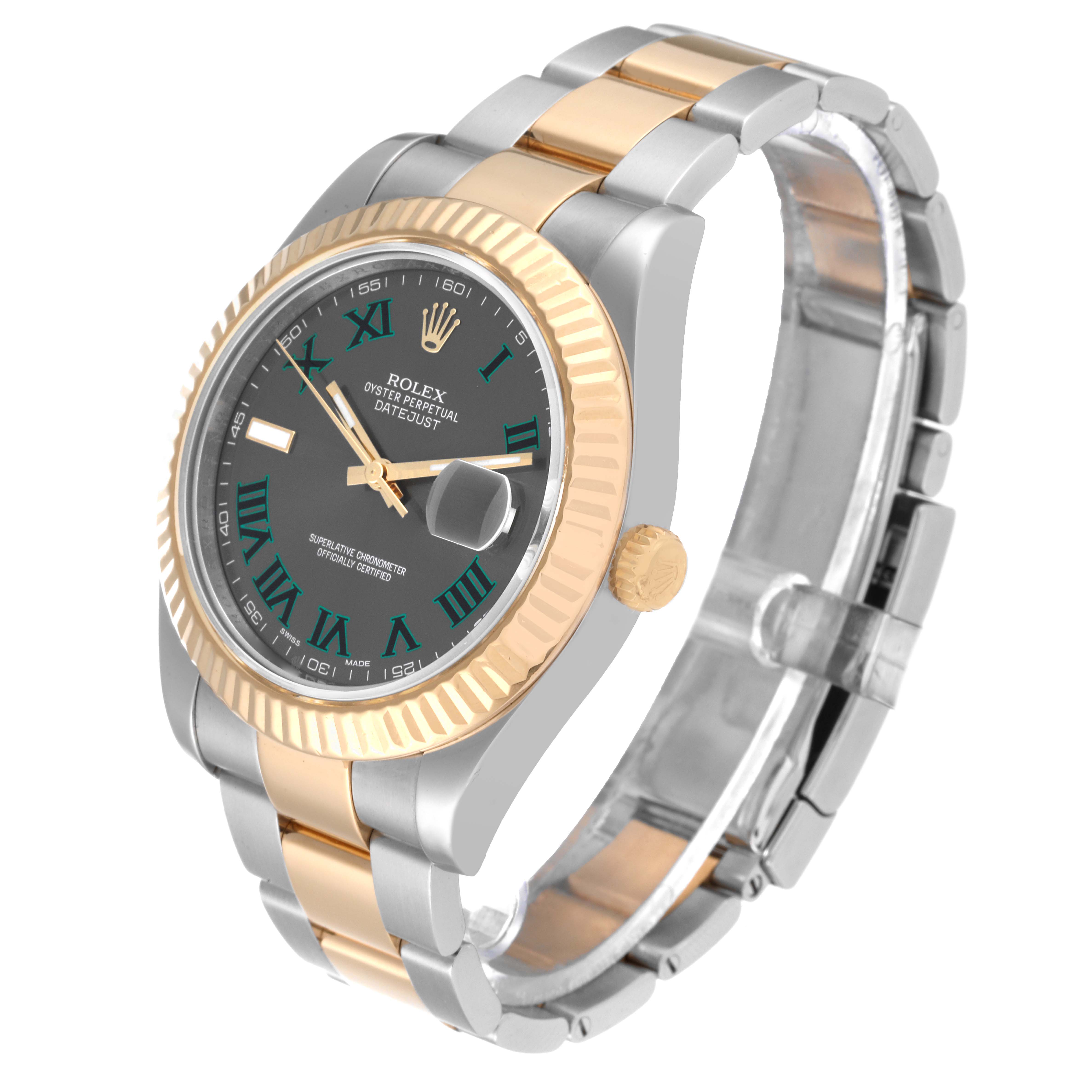 The Rolex Datejust 41 116333 Men's Steel and Gold (two tone) Grey Dial 116333 Men's Steel and Gold (two tone) Grey Dial watch is shown at a slightly tilted angle, displaying its face, bezel, and bracelet.