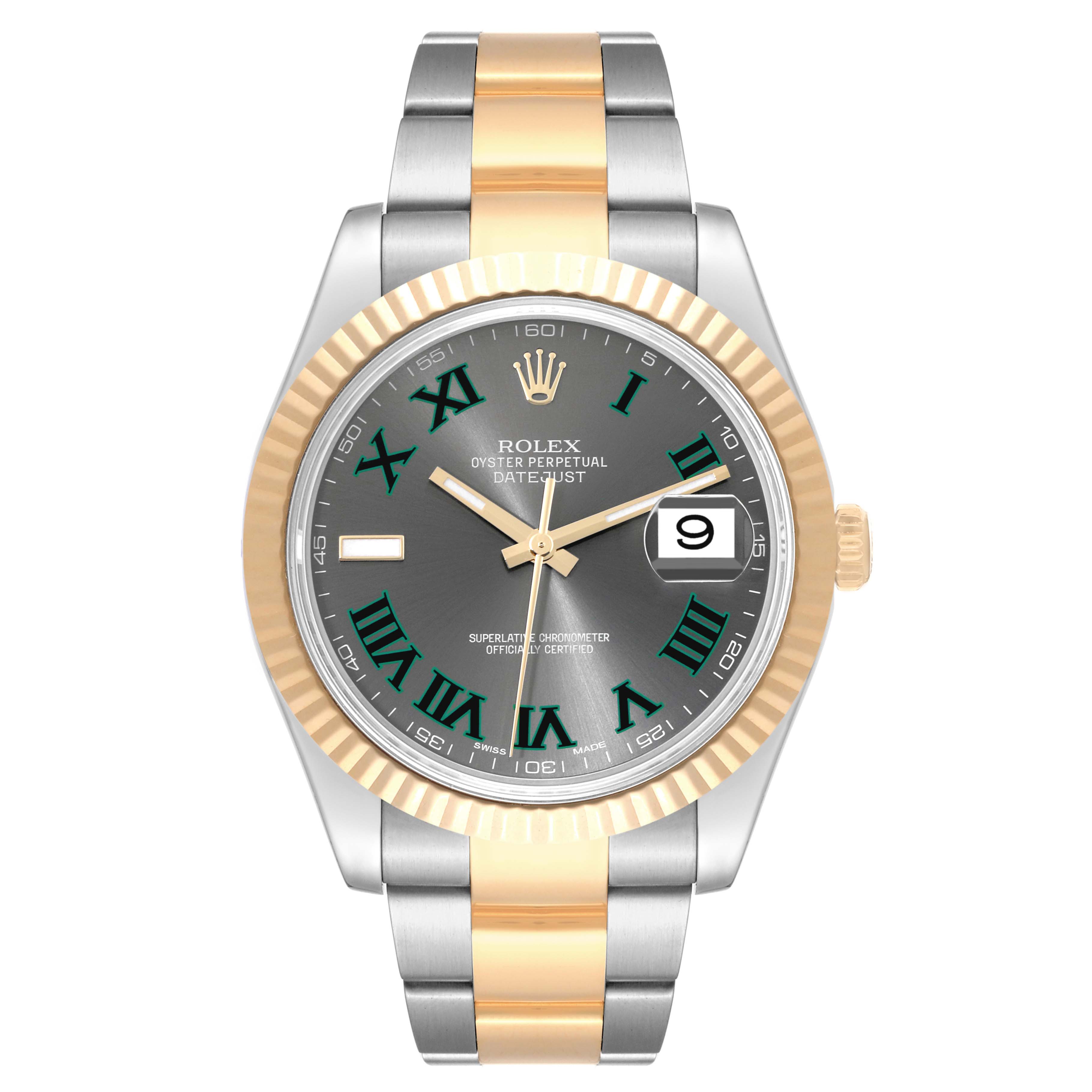 The image shows a front view of the Rolex Datejust 41 116333 Men's Steel and Gold (two tone) Grey Dial 116333 Men's Steel and Gold (two tone) Grey Dial watch, highlighting its dial, bezel, and bracelet.