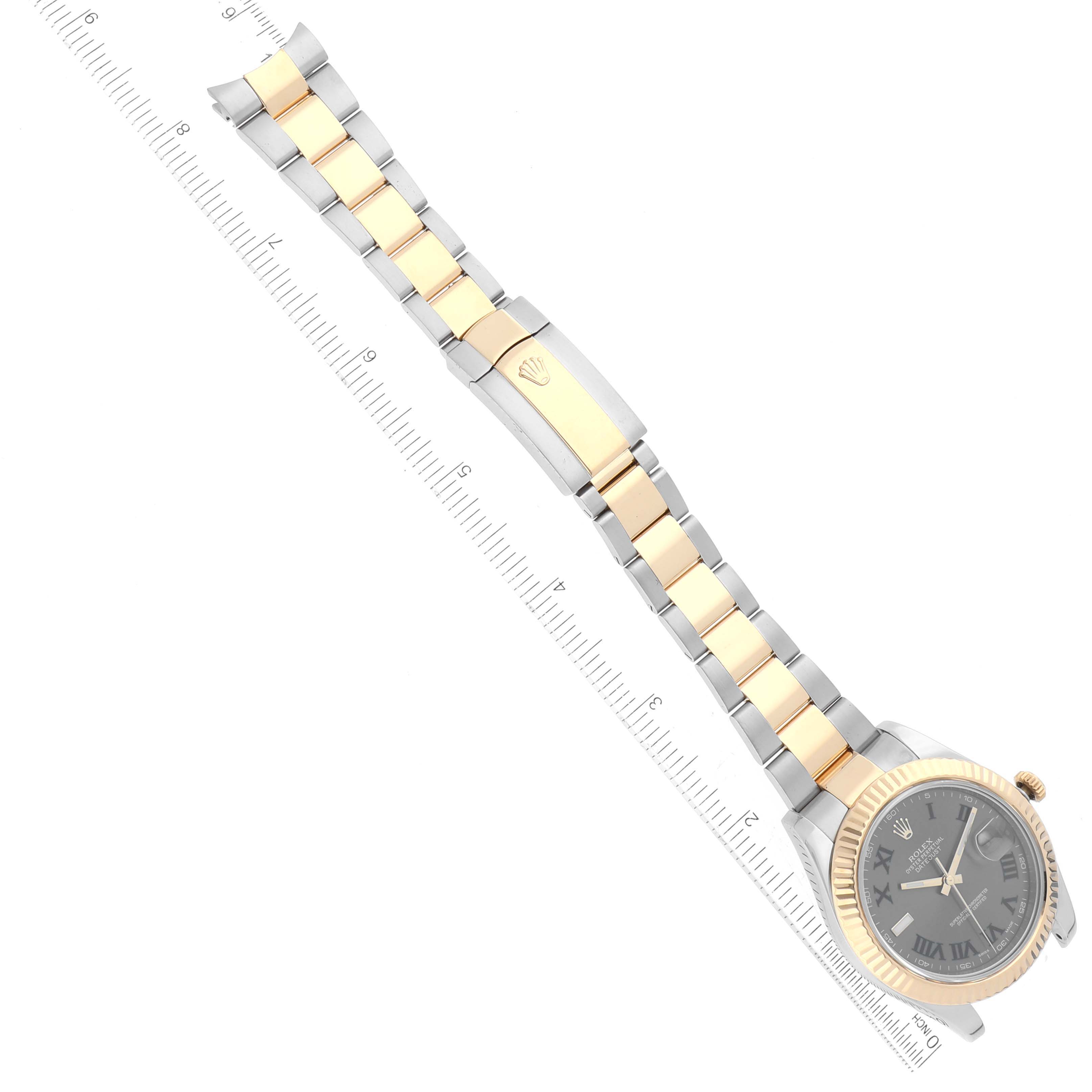 The image shows a Rolex Datejust 41 116333 Men's Steel and Gold (two tone) Grey Dial 116333 Men's Steel and Gold (two tone) Grey Dial watch, including its face, bezel, and full bracelet, positioned diagonally next to a ruler.