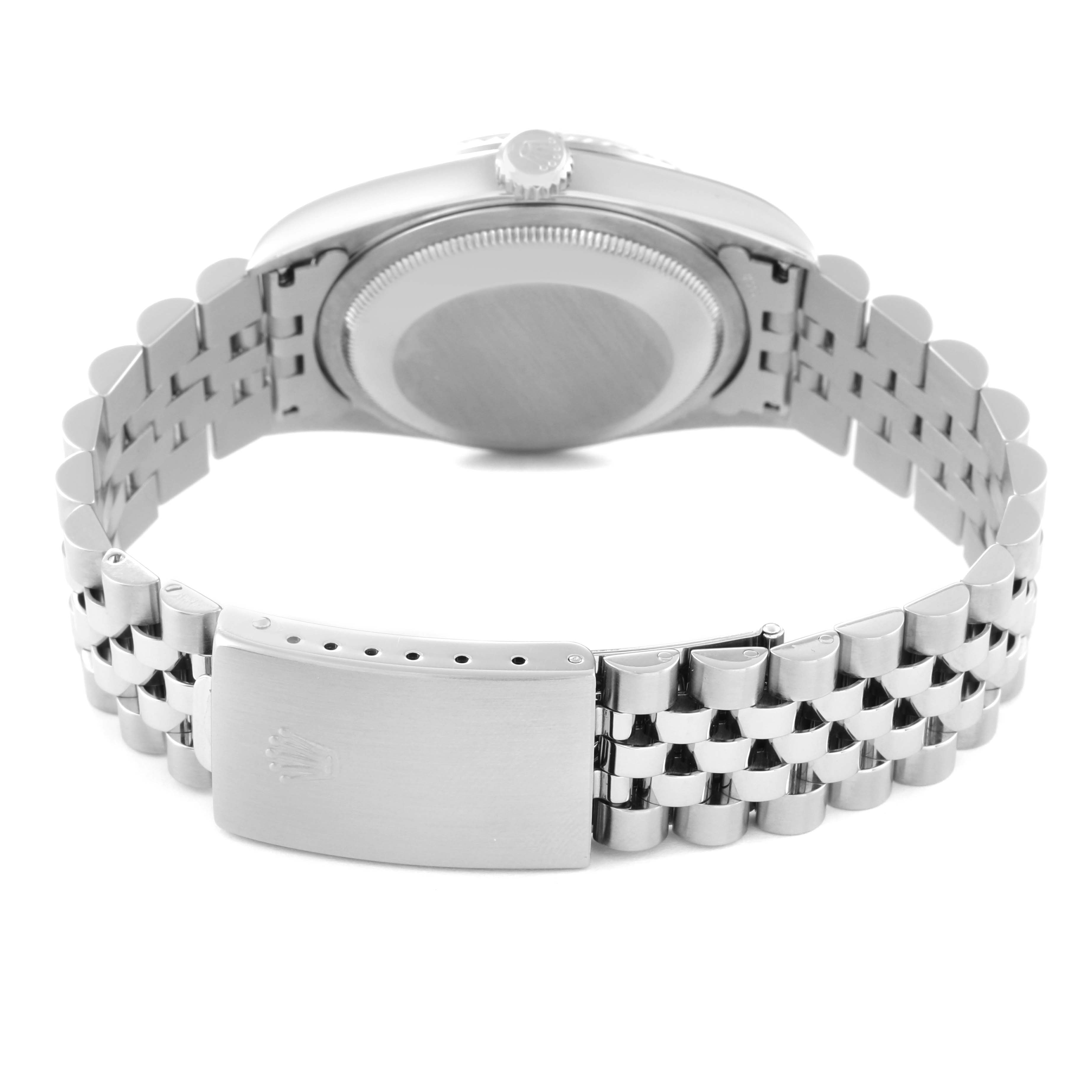 The image shows the back of a Rolex Datejust 16234 Men's Stainless Steel Blue Dial 16234 Men's Stainless Steel Blue Dial watch, highlighting the case back, crown, and bracelet clasp.