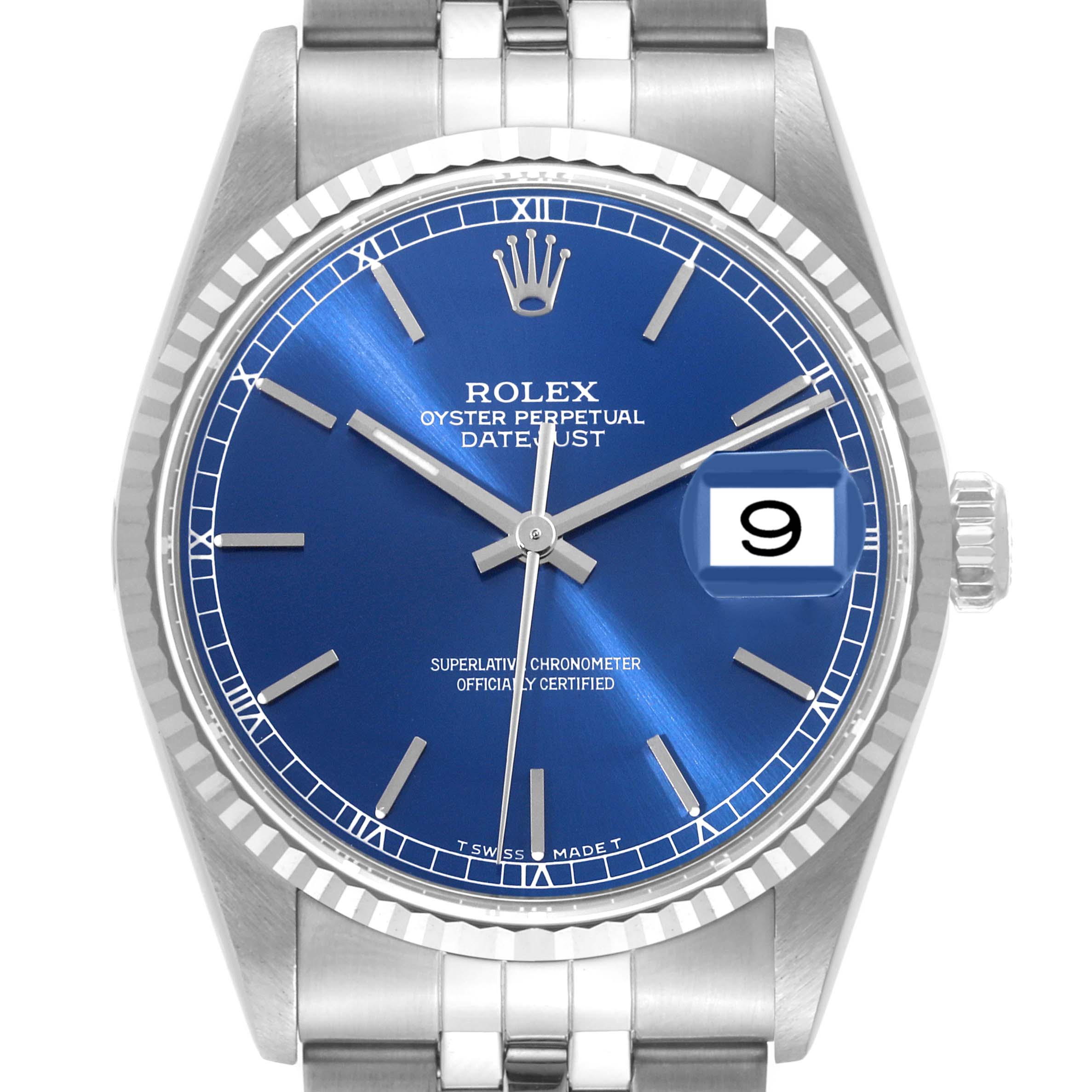 This image shows a front view of the Rolex Datejust 16234 Men's Stainless Steel Blue Dial 16234 Men's Stainless Steel Blue Dial watch, highlighting the blue dial, date window, and stainless steel bracelet.