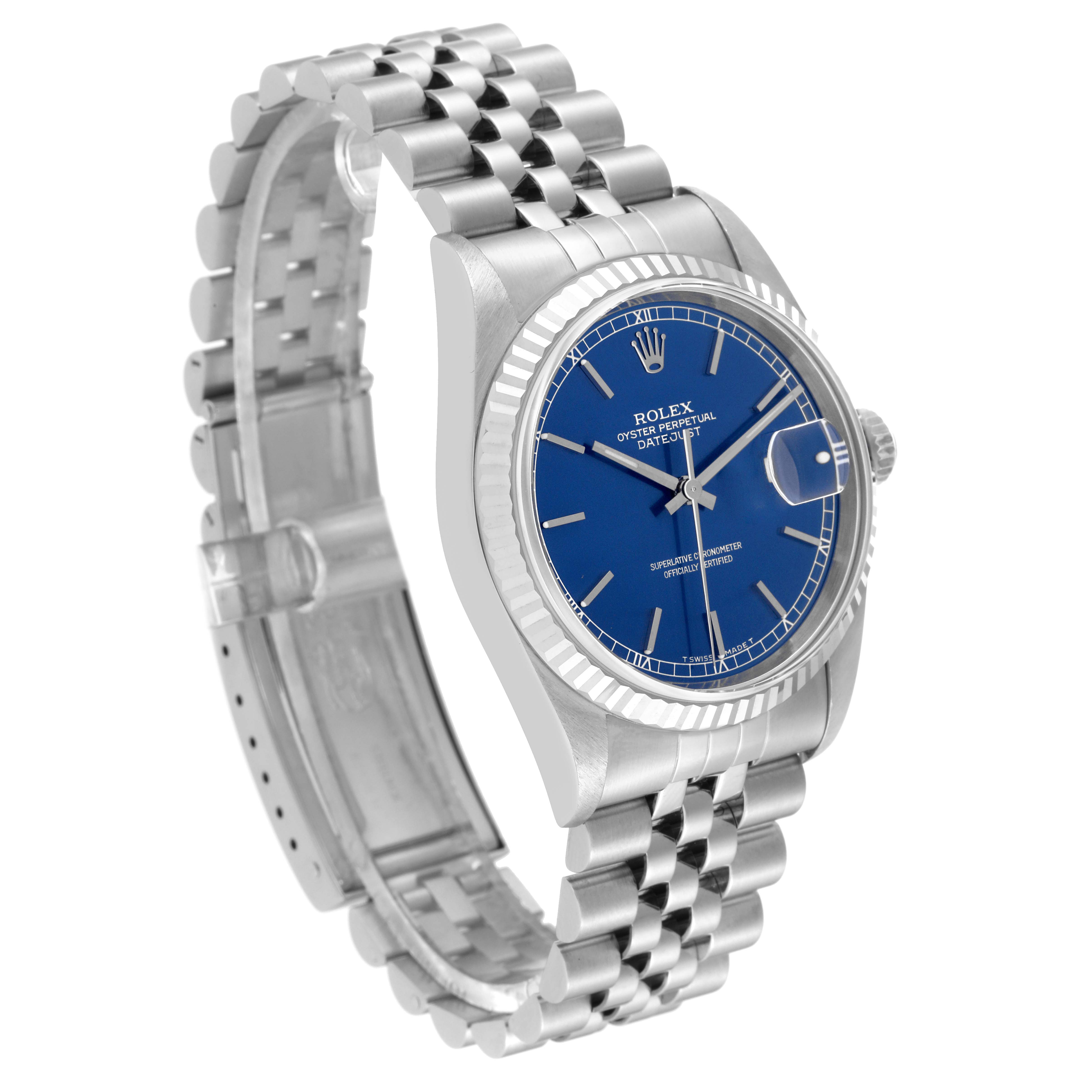 The image shows a Rolex Datejust 16234 Men's Stainless Steel Blue Dial 16234 Men's Stainless Steel Blue Dial watch from an angled perspective, displaying the face, bezel, crown, and part of the bracelet.