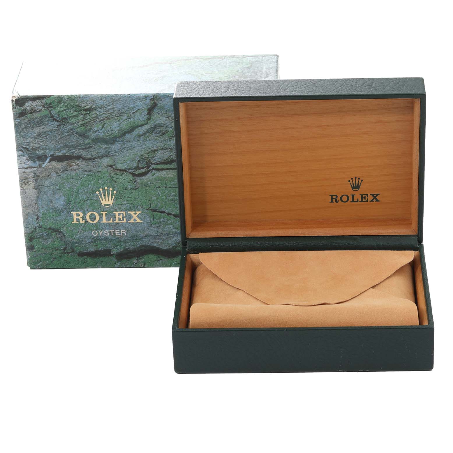 This image shows a Rolex Datejust 16234 Men's Stainless Steel Blue Dial 16234 Men's Stainless Steel Blue Dial watch box and a suede pouch, taken from a front angle.