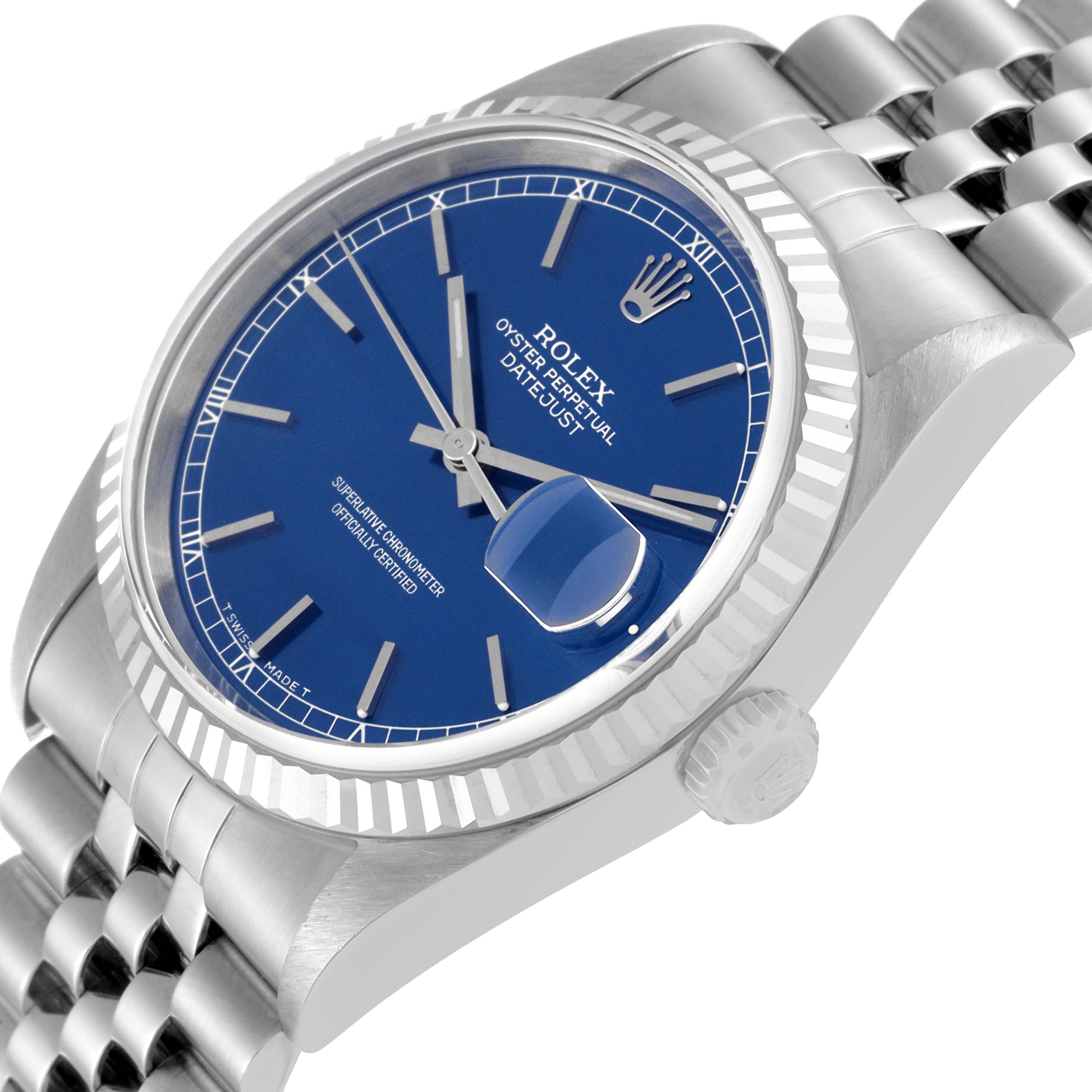 The image shows a close-up, angled view of the Rolex Datejust 16234 Men's Stainless Steel Blue Dial 16234 Men's Stainless Steel Blue Dial watch, highlighting the dial, bezel, crown, and part of the bracelet.