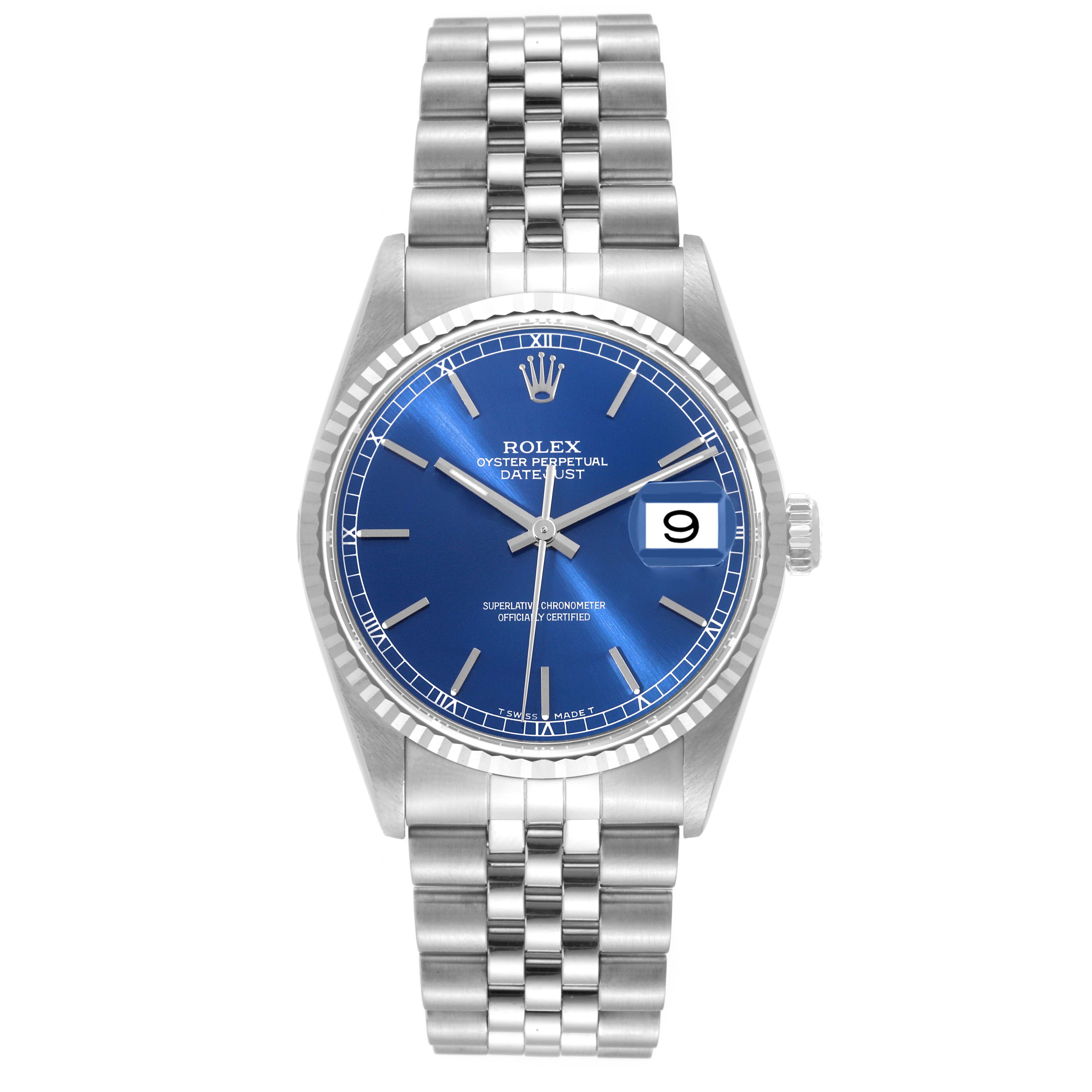 The Rolex Datejust 16234 Men's Stainless Steel Blue Dial 16234 Men's Stainless Steel Blue Dial watch is shown from a front angle, displaying the face, bracelet, and crown.