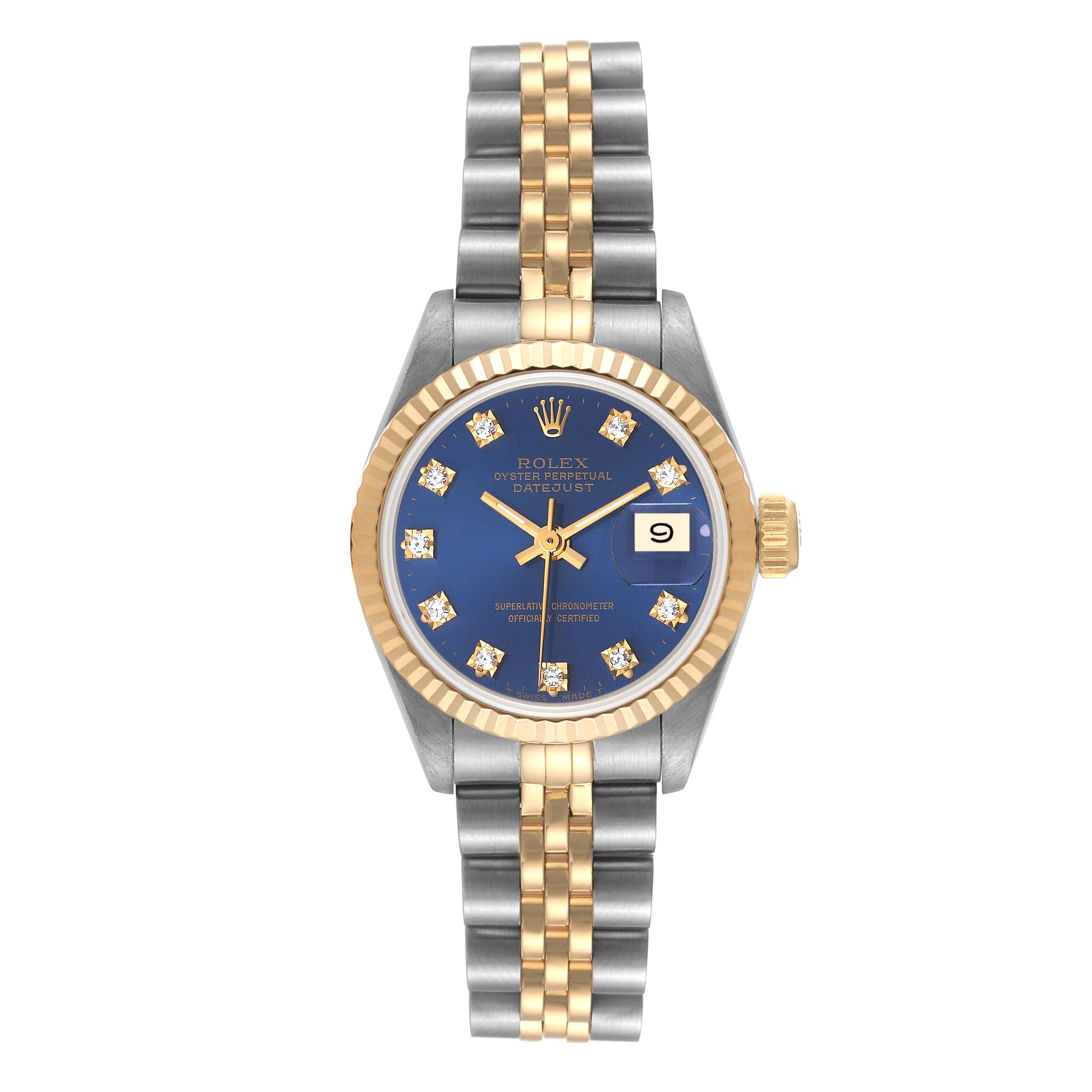 This image shows a front view of a Rolex Datejust 69173 Women's Steel and Gold (two tone) Blue Dial 69173 Women's Steel and Gold (two tone) Blue Dial watch, highlighting its blue dial, fluted bezel, date window, and two-tone bracelet.