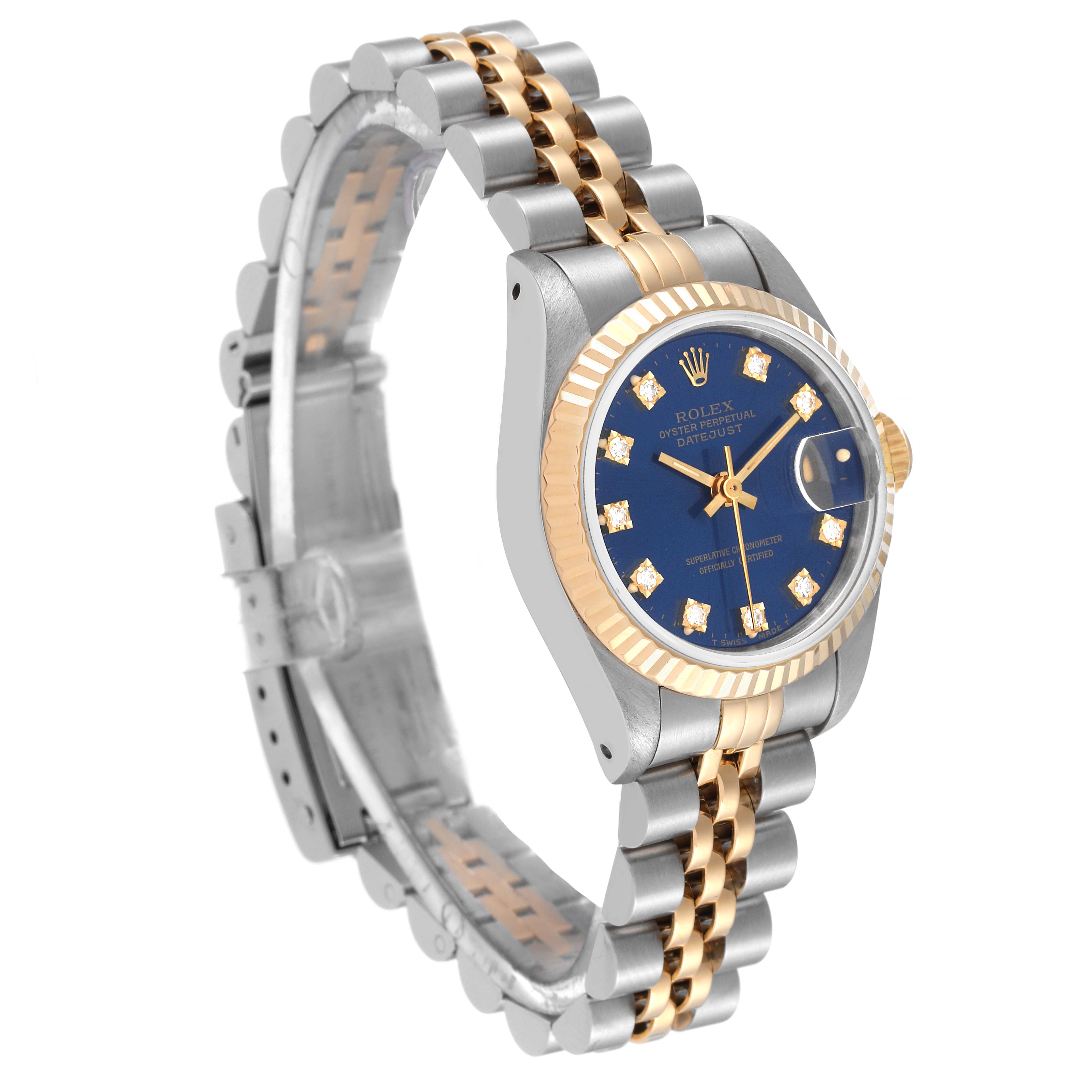 The image shows a Rolex Datejust 69173 Women's Steel and Gold (two tone) Blue Dial 69173 Women's Steel and Gold (two tone) Blue Dial watch at a slight angle, highlighting its two-tone bracelet, blue dial, and fluted bezel.