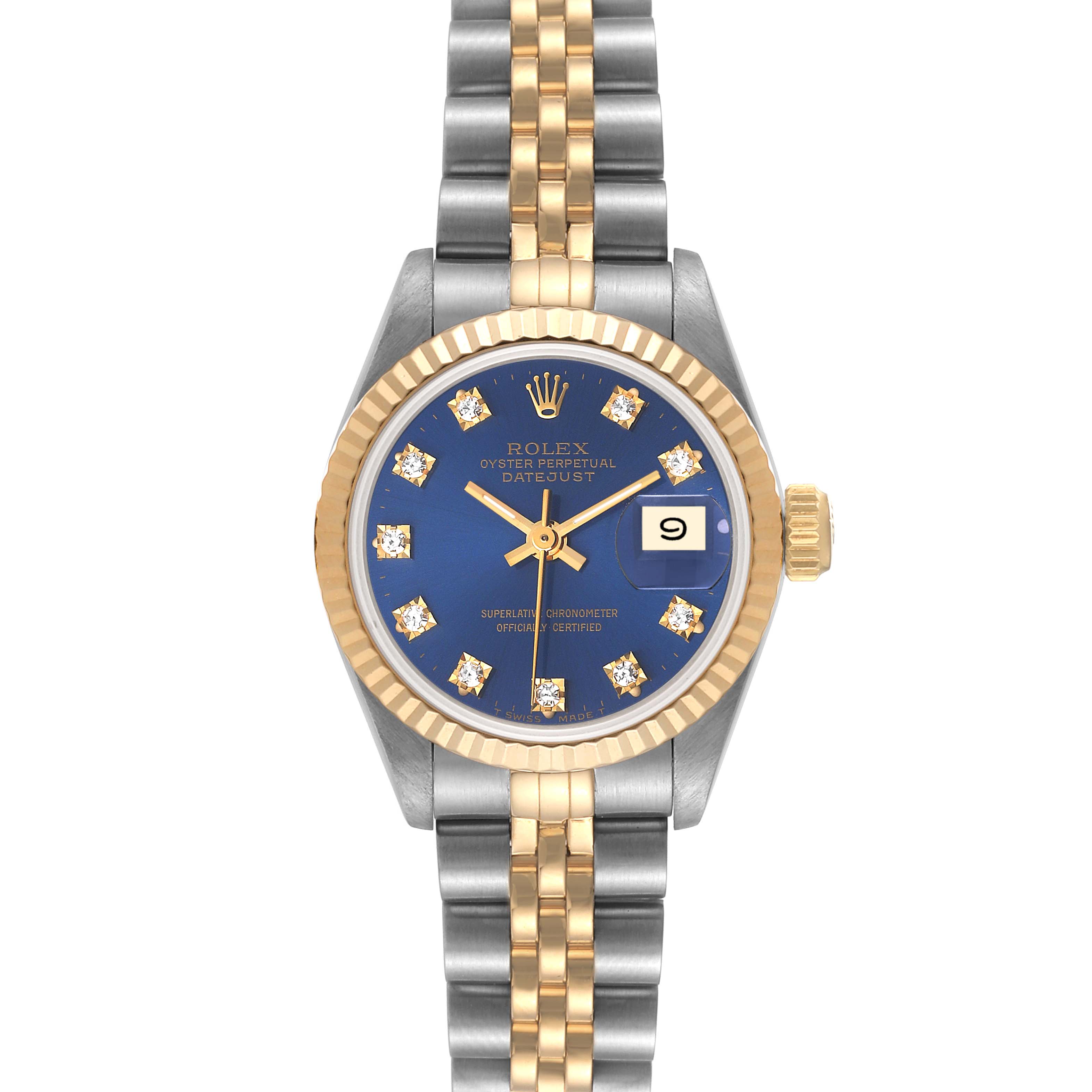 This image shows a frontal view of a Rolex Datejust 69173 Women's Steel and Gold (two tone) Blue Dial 69173 Women's Steel and Gold (two tone) Blue Dial watch, featuring its bezel, dial, and bracelet.