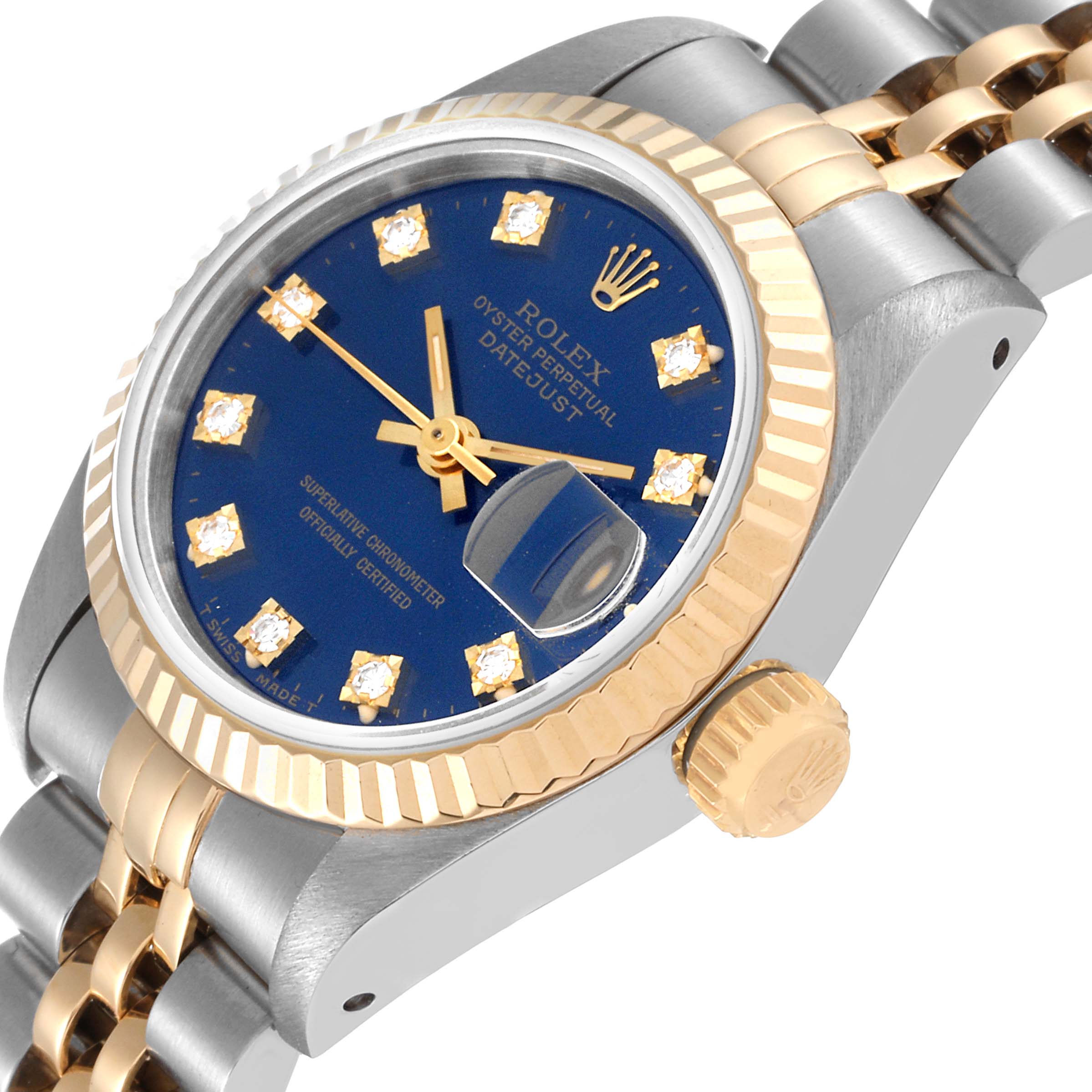 The image shows a close-up, side angle of a Rolex Datejust 69173 Women's Steel and Gold (two tone) Blue Dial 69173 Women's Steel and Gold (two tone) Blue Dial watch, highlighting the face, bezel, crown, and part of the bracelet.
