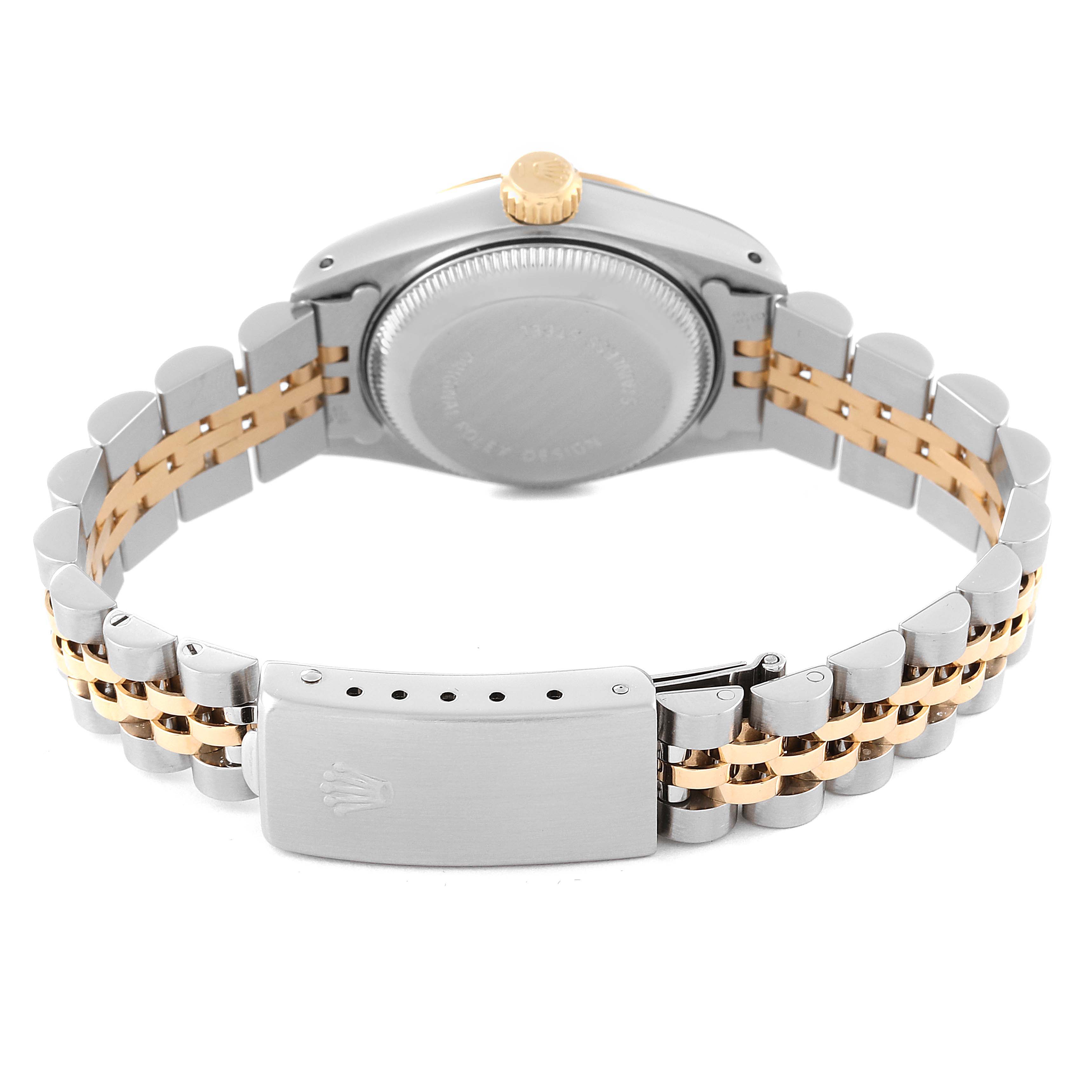 This image shows the back view of the Rolex Datejust 69173 Women's Steel and Gold (two tone) Blue Dial 69173 Women's Steel and Gold (two tone) Blue Dial watch, highlighting its case, crown, and Jubilee bracelet with clasp.