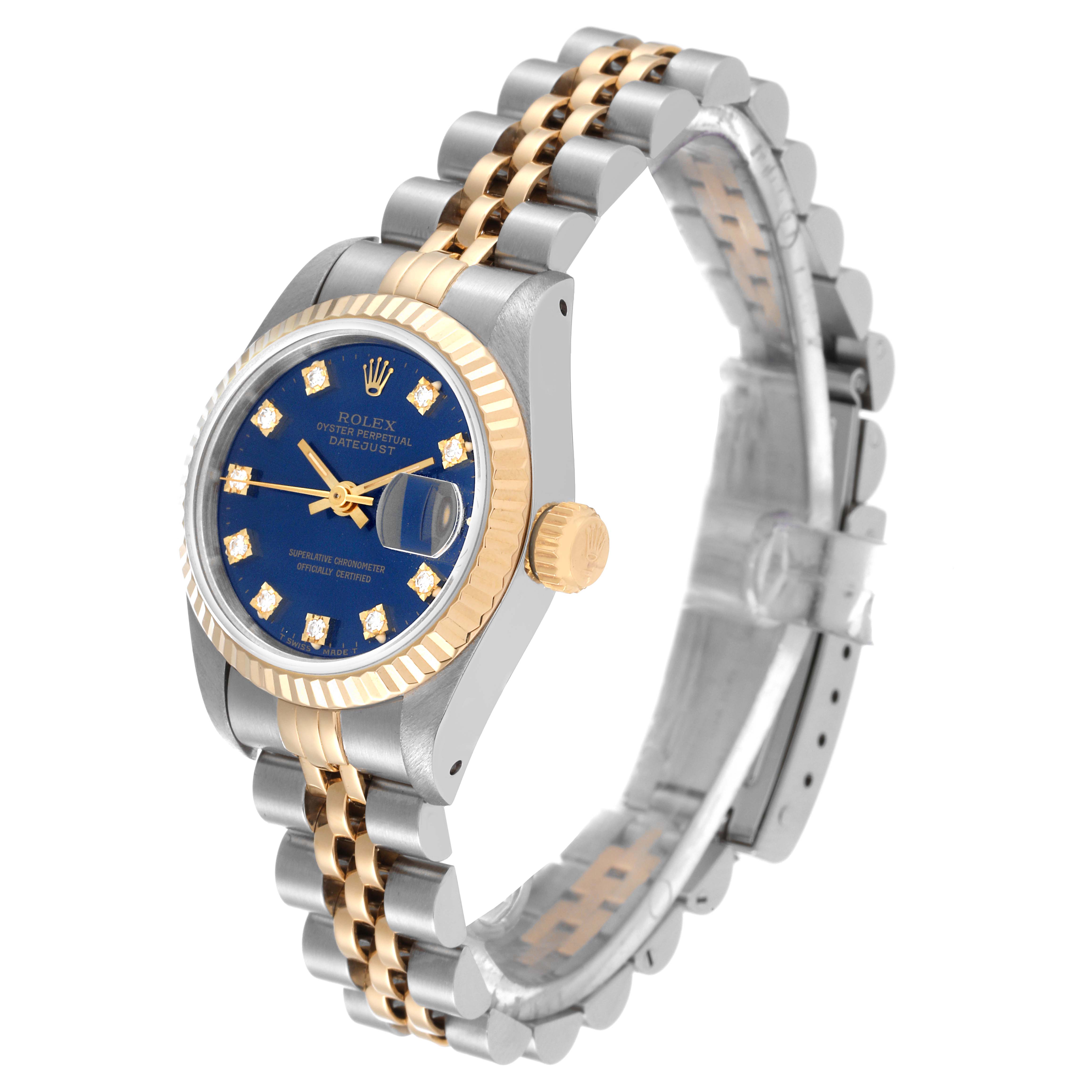 This image shows a Rolex Datejust 69173 Women's Steel and Gold (two tone) Blue Dial 69173 Women's Steel and Gold (two tone) Blue Dial watch at a three-quarter angle, highlighting the face, crown, and two-tone bracelet.