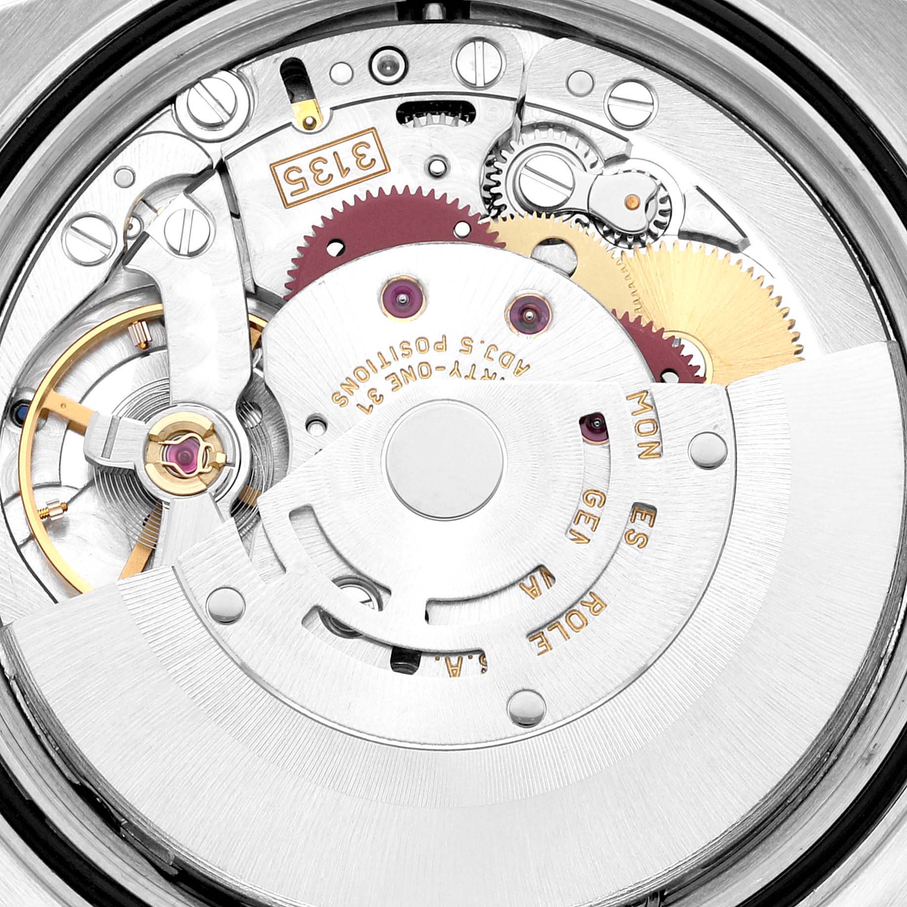 The image shows a close-up of the movement mechanism of a Rolex Datejust 16233 Men's Steel and Gold (two tone) Blue Dial 16233 Men's Steel and Gold (two tone) Blue Dial watch, highlighting gears and components.
