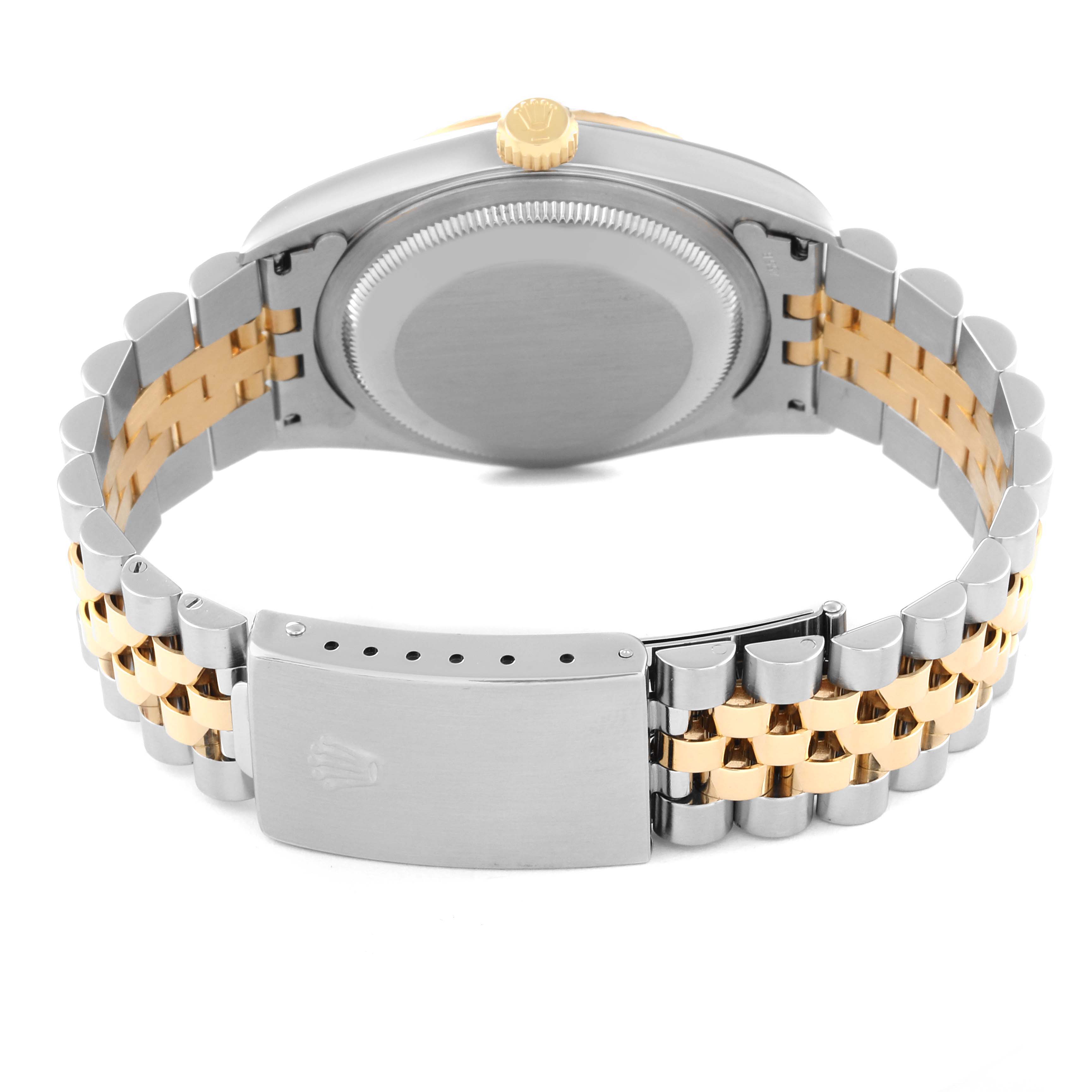 This image shows the back of a Rolex Datejust 16233 Men's Steel and Gold (two tone) Blue Dial 16233 Men's Steel and Gold (two tone) Blue Dial watch, highlighting its clasp and two-tone bracelet.