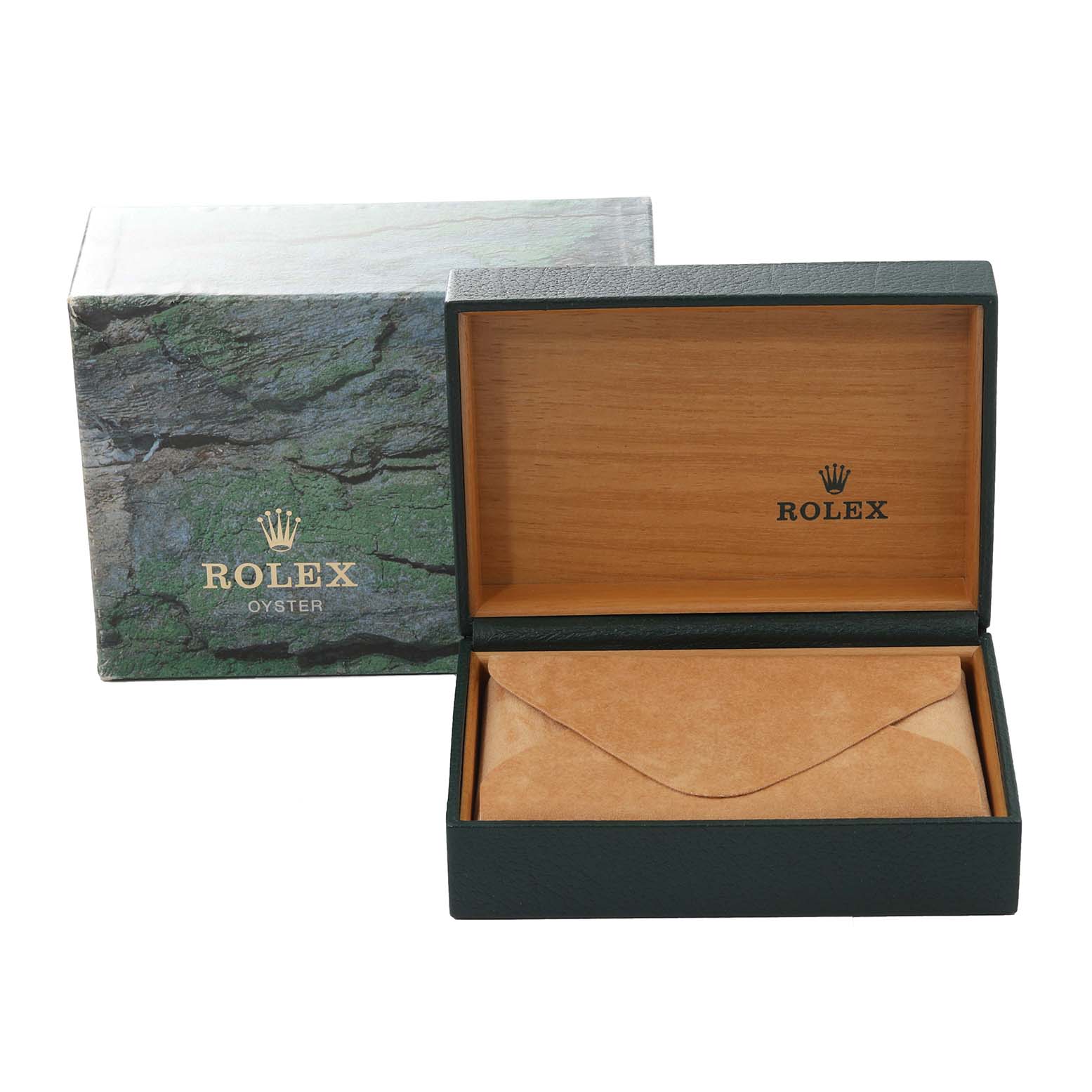 The image shows an open Rolex Datejust 16233 Men's Steel and Gold (two tone) Blue Dial 16233 Men's Steel and Gold (two tone) Blue Dial watch box, revealing its interior and an envelope.