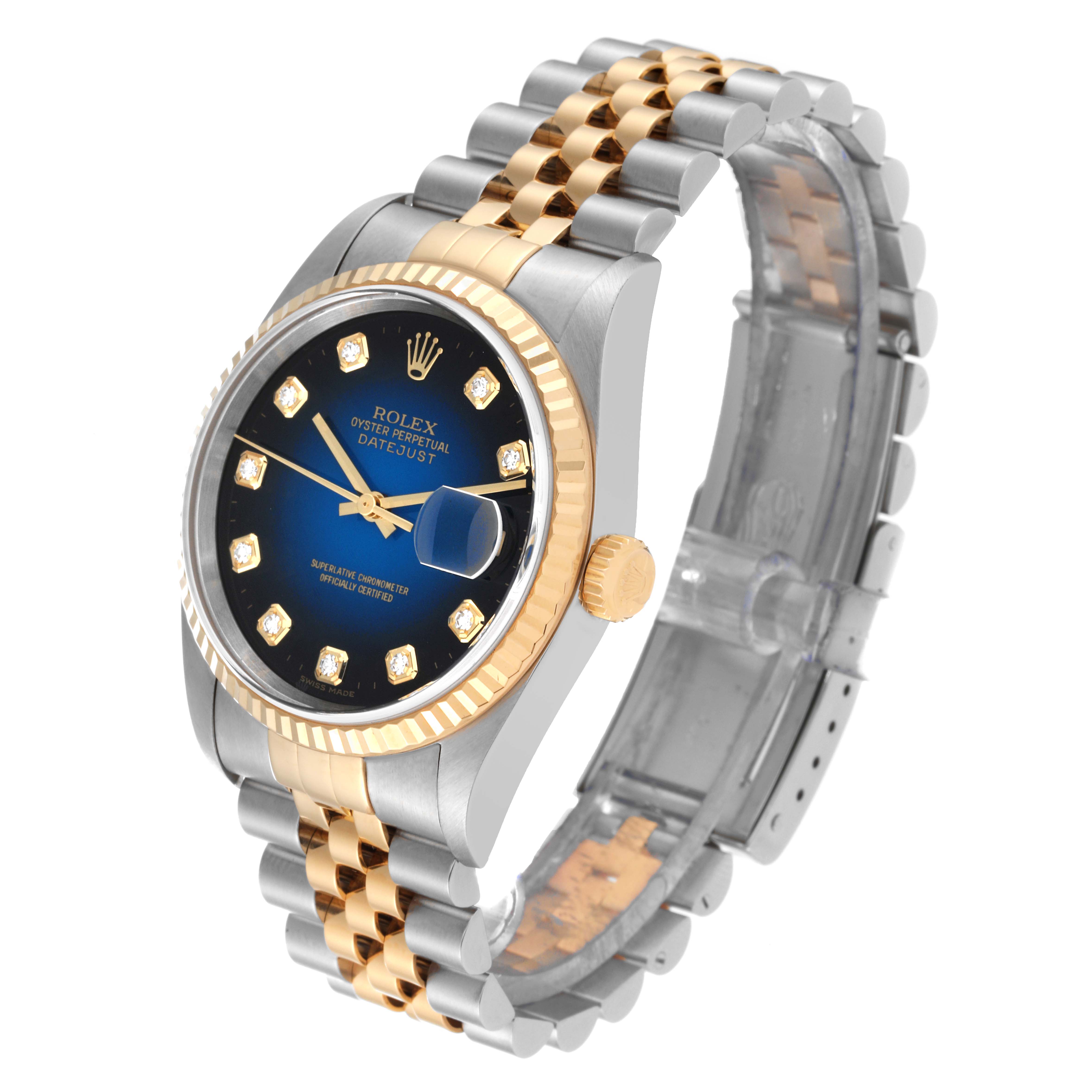 The Rolex Datejust 16233 Men's Steel and Gold (two tone) Blue Dial 16233 Men's Steel and Gold (two tone) Blue Dial watch is shown at a three-quarter angle, displaying the face, crown, and two-tone bracelet.