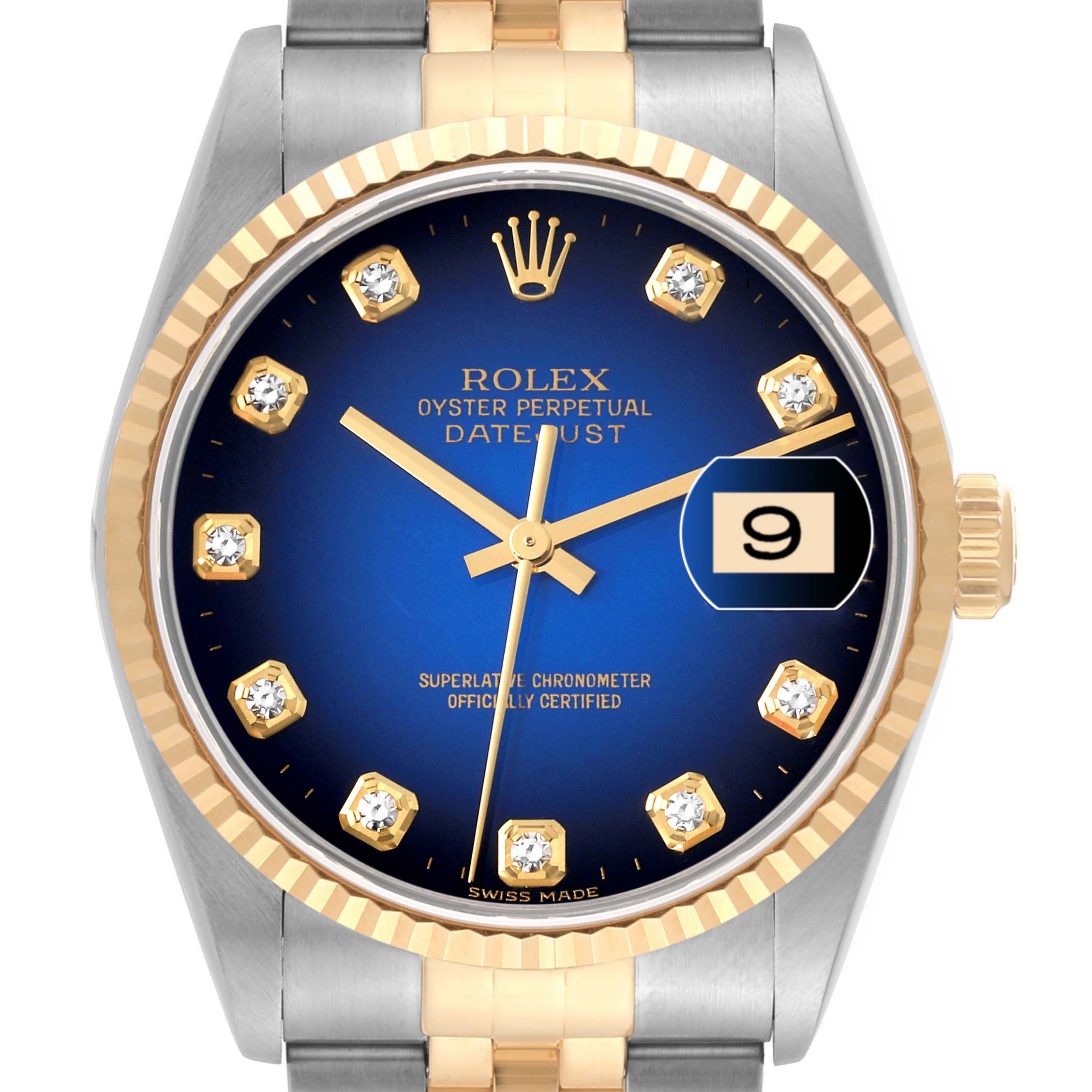 The image shows a front view of the Rolex Datejust 16233 Men's Steel and Gold (two tone) Blue Dial 16233 Men's Steel and Gold (two tone) Blue Dial watch with a blue dial, gold markers, and a two-tone metal bracelet.