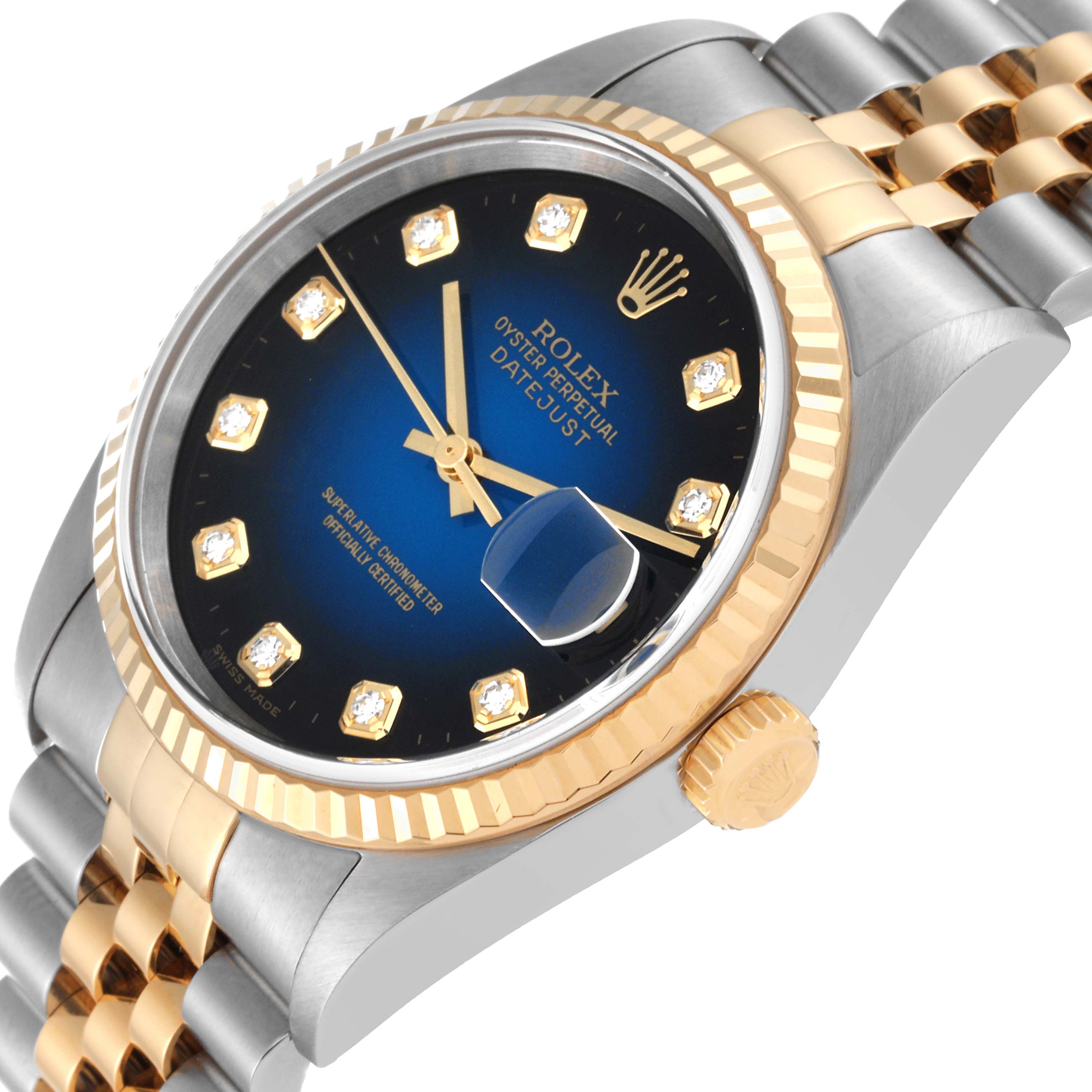 The image shows a close-up angled view of a Rolex Datejust 16233 Men's Steel and Gold (two tone) Blue Dial 16233 Men's Steel and Gold (two tone) Blue Dial, highlighting the dial, bezel, crown, and part of the bracelet.